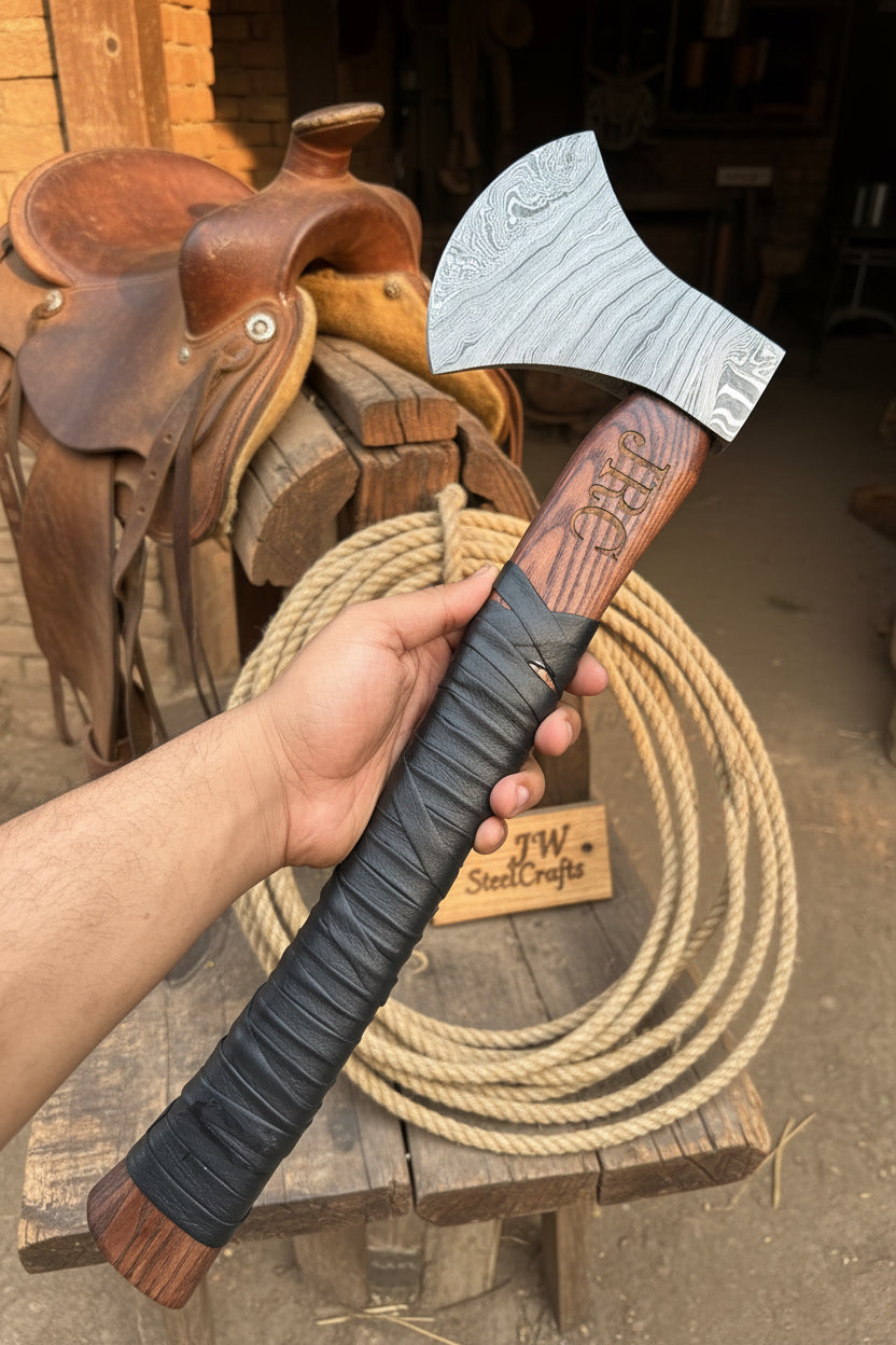 Heavy-Duty Damascus Camp Axe with Leather Wrap Handle