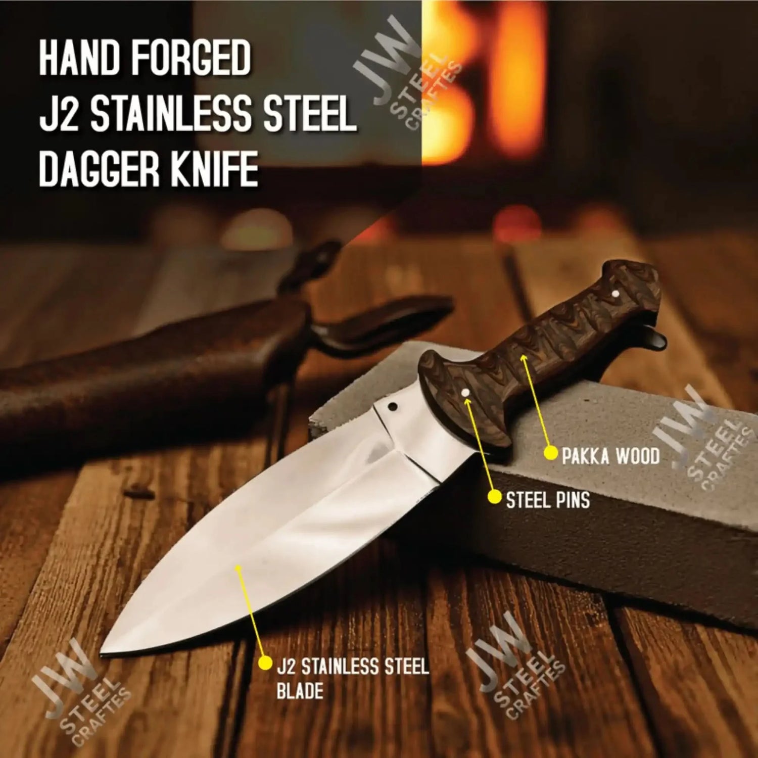 Handcrafted J2 Stainless Steel Boot Knife | Pakka Wood Handle | Leather Sheath | 13.5