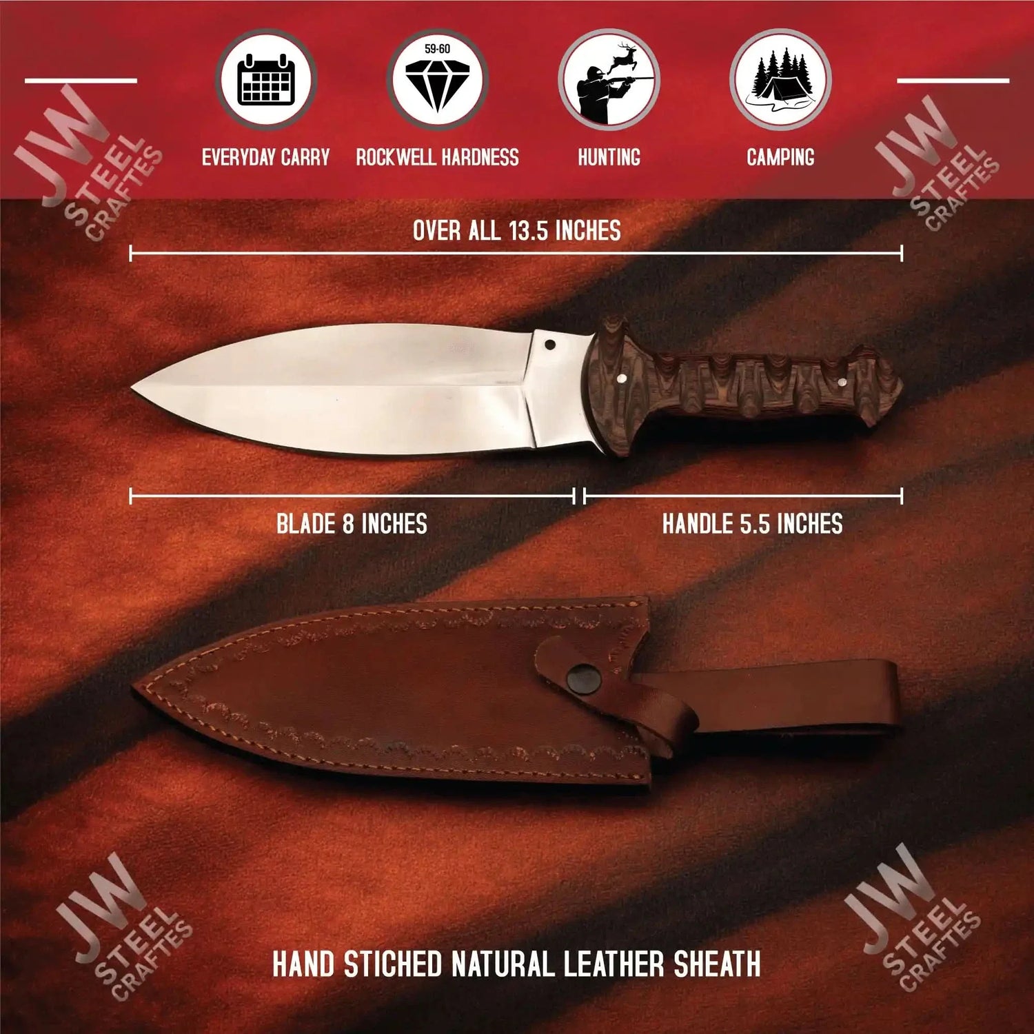 Handcrafted J2 Stainless Steel Boot Knife | Pakka Wood Handle | Leather Sheath | 13.5