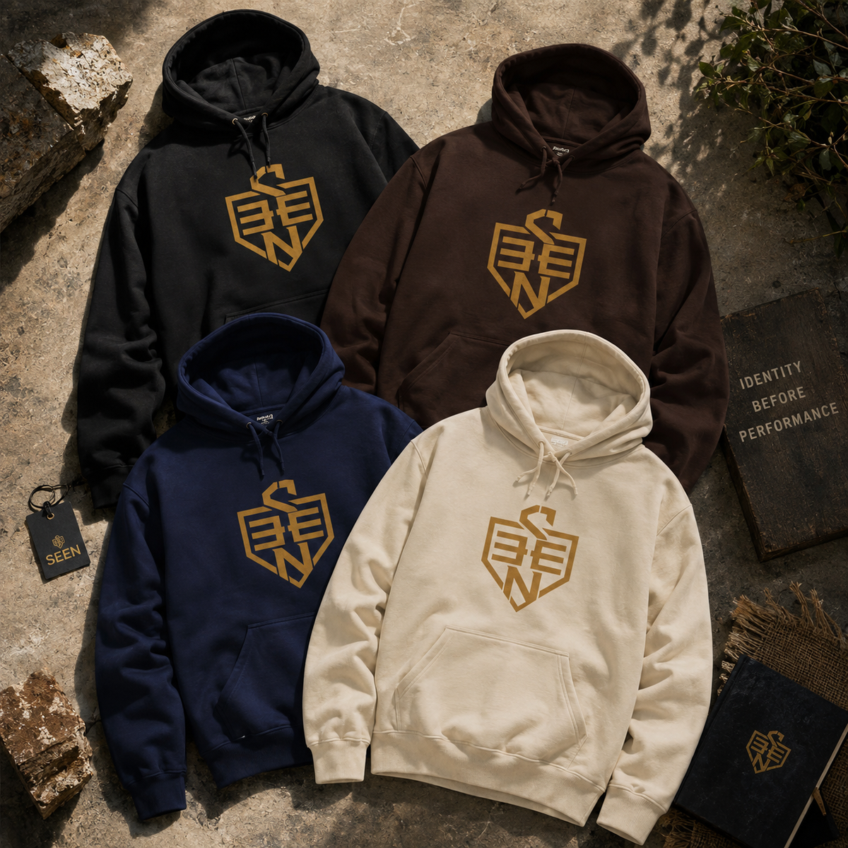 SEEN. Gold Monogram Shield Hoodie