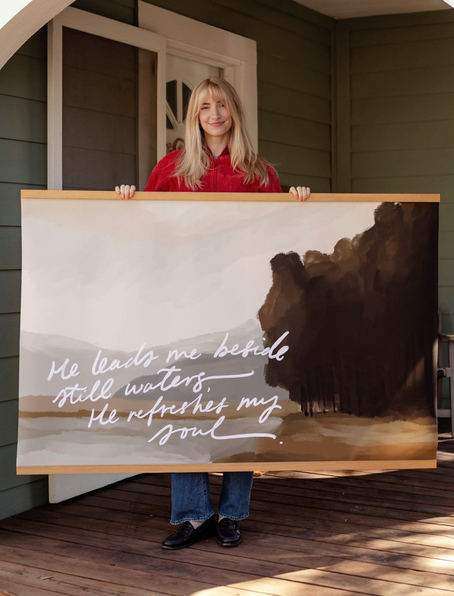 Large Canvas with Banner Wood: He leads me besides still waters