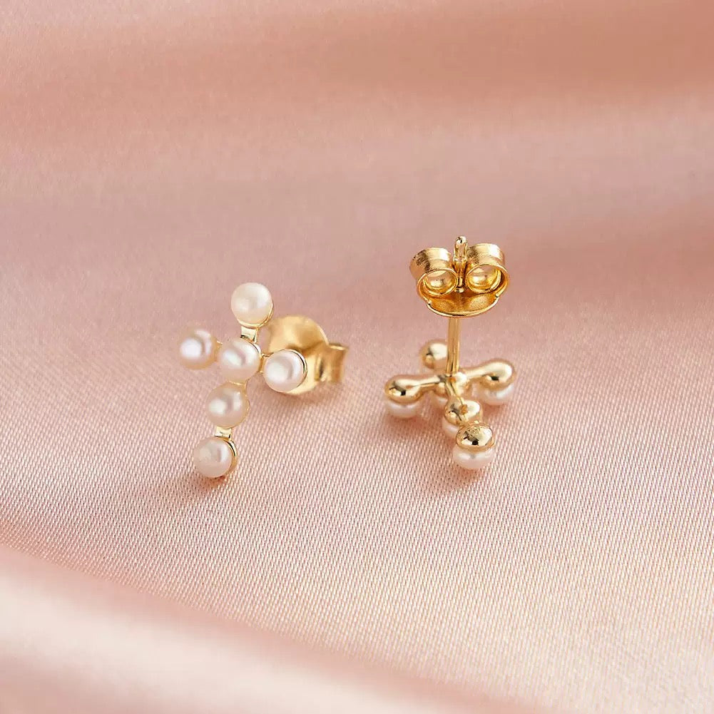 Beaded Pearl Cross Stud Earrings