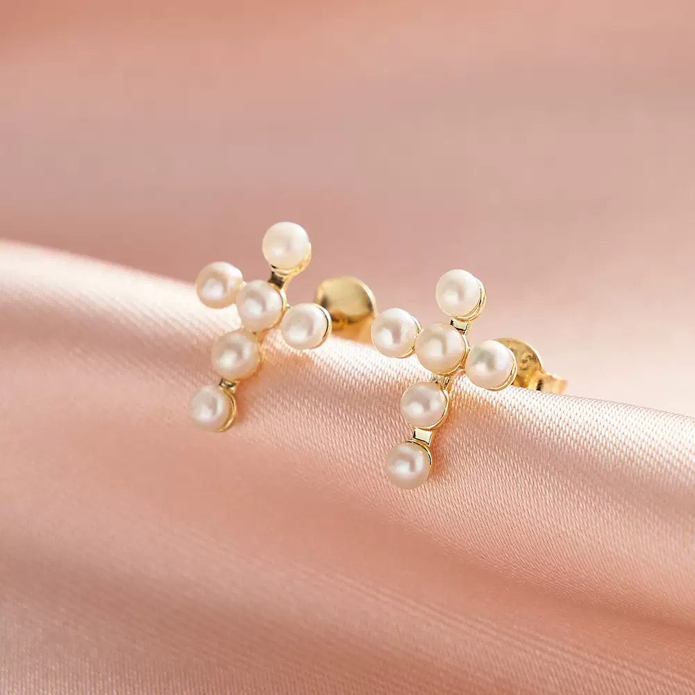 Beaded Pearl Cross Stud Earrings