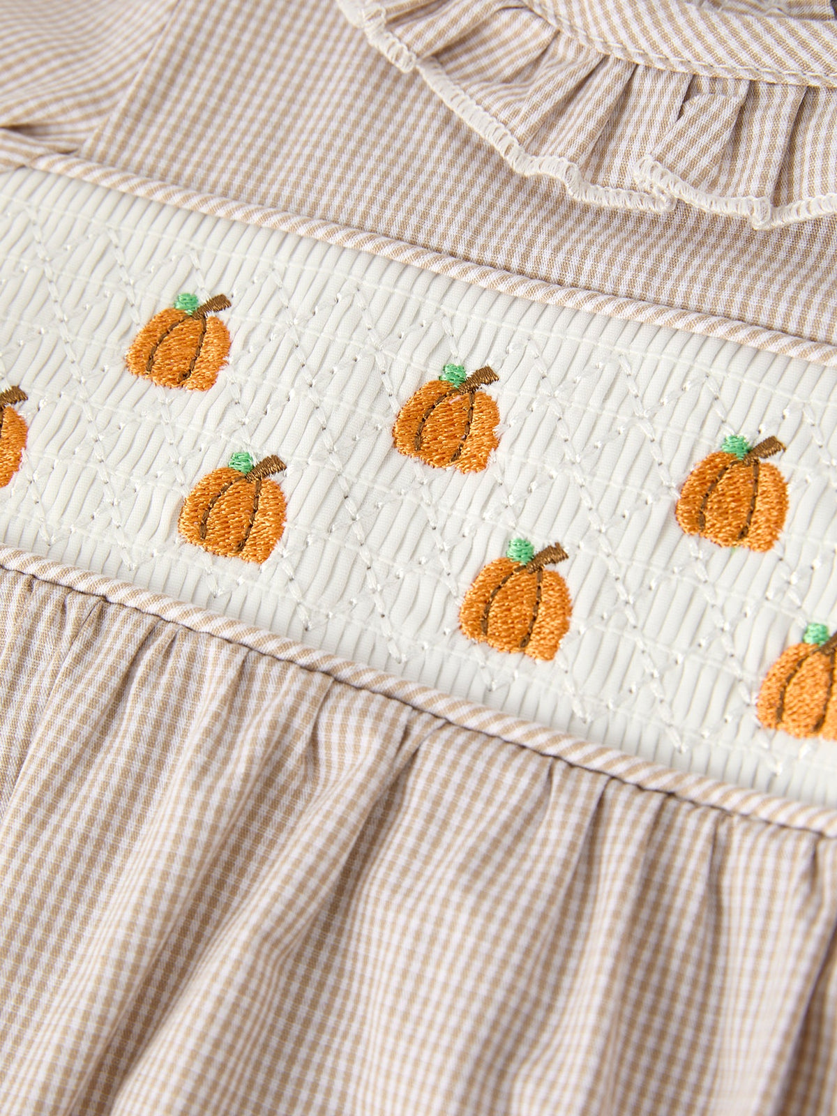 Fall Halloween & Thanksgiving Pumpkin Embroidery Smock Plaid Baby Girl Romper