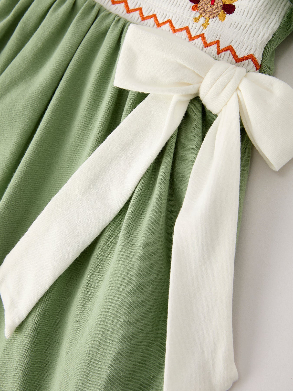 Fall Thanksgiving Chicken Smock Embroidered Green Baby Girl Dress