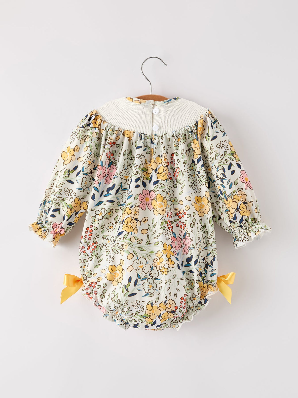 Fall Embroidery Smocking Bow Floral Leaf Baby Girls Romper