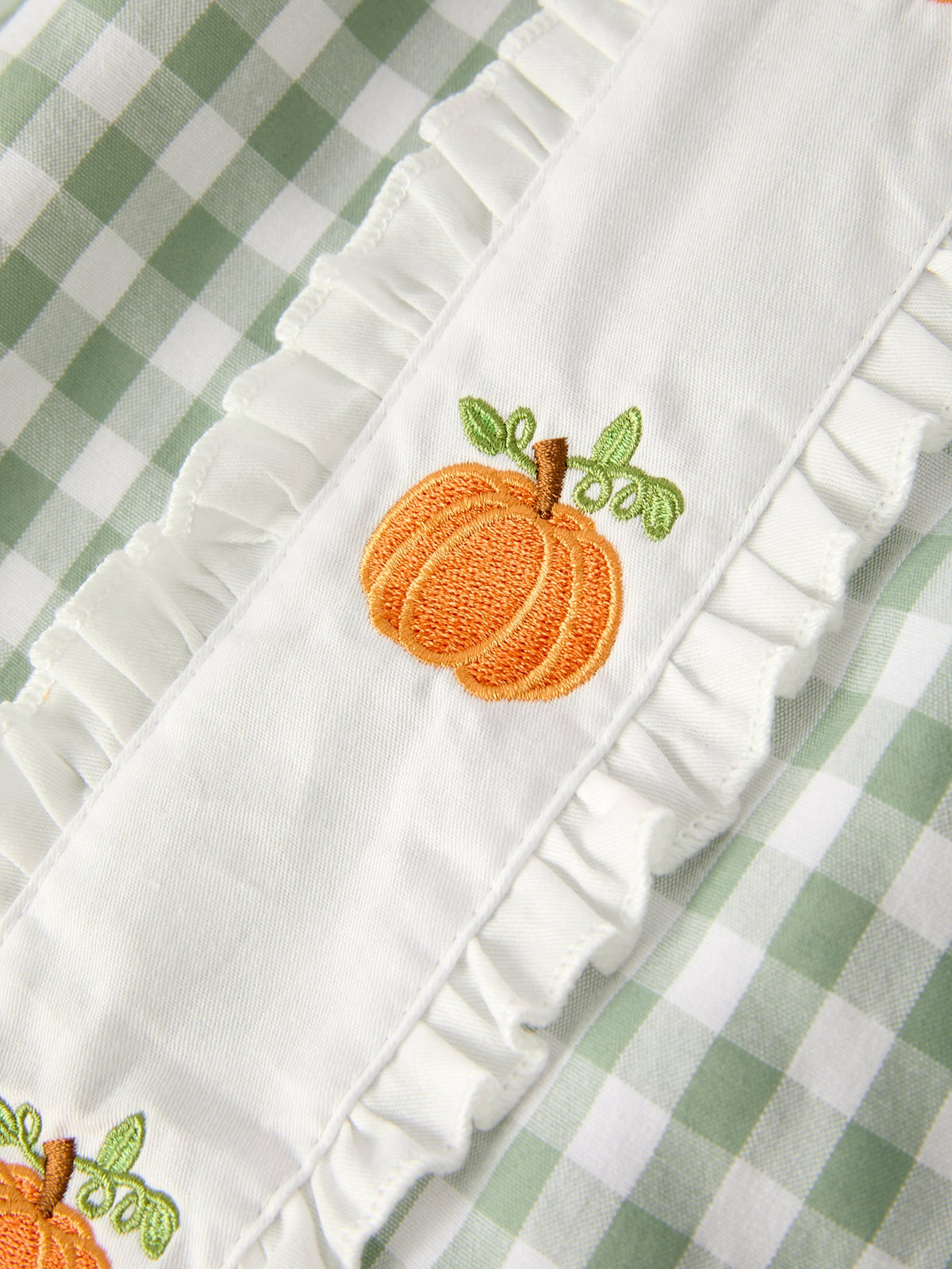 Fall Halloween & Thanksgiving Pumpkin Applique Plaid Green Girls Dress