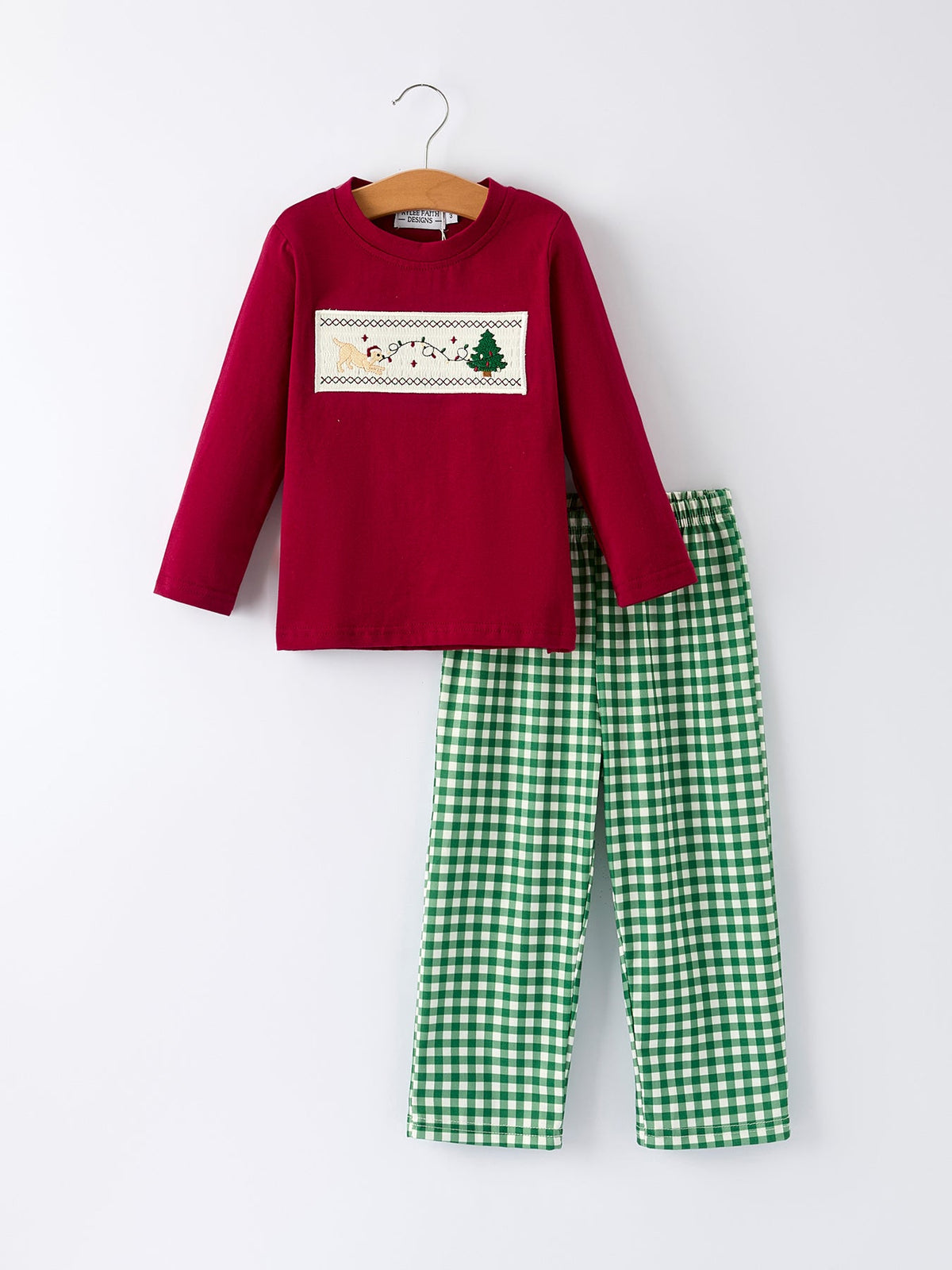 Christmas Tree Dog Smocking Embroidered Plaid Boys Set