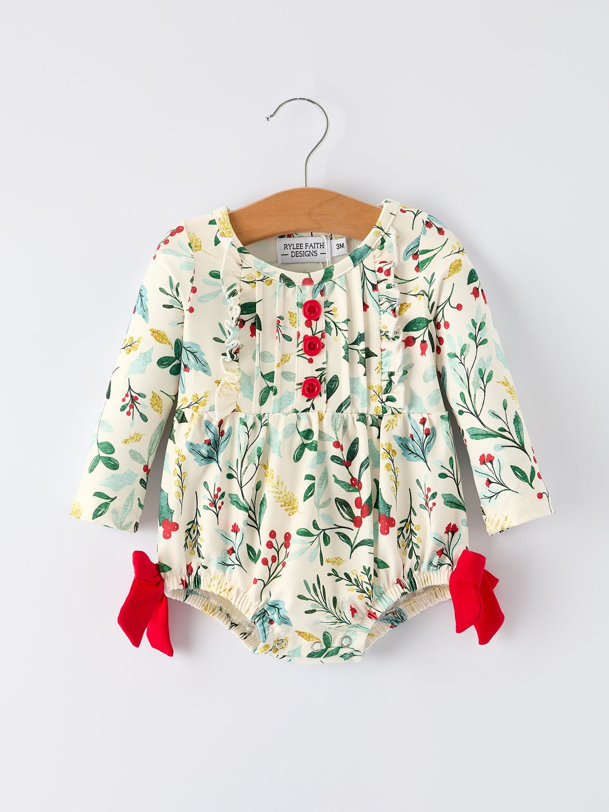 Baby Girls Christmas Romper – Holiday Bow Long Sleeve Outfit