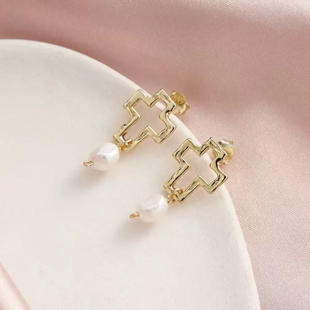 Sculpted Cross Pearl Earrings