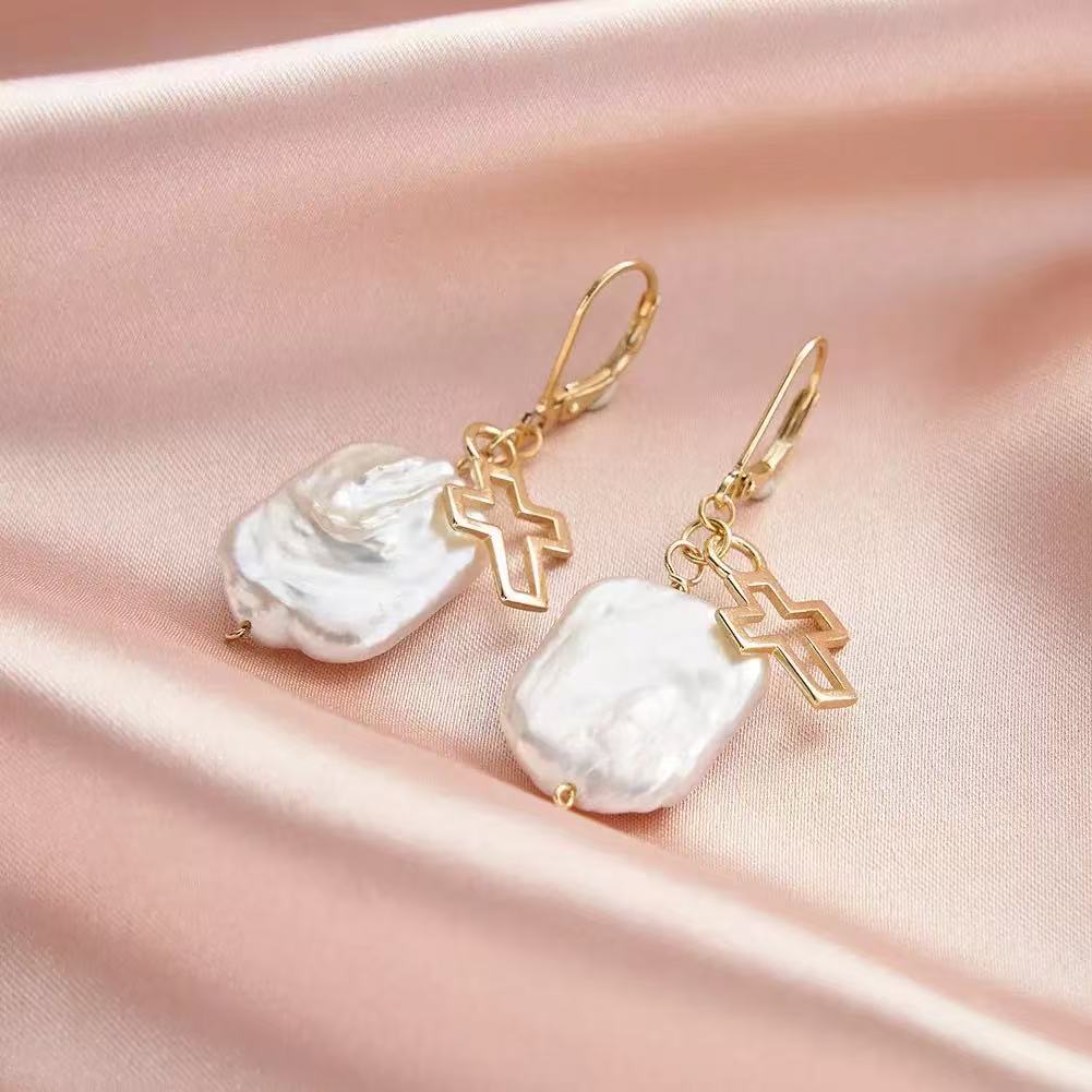 Baroque Pearl Cross Drop Earrings