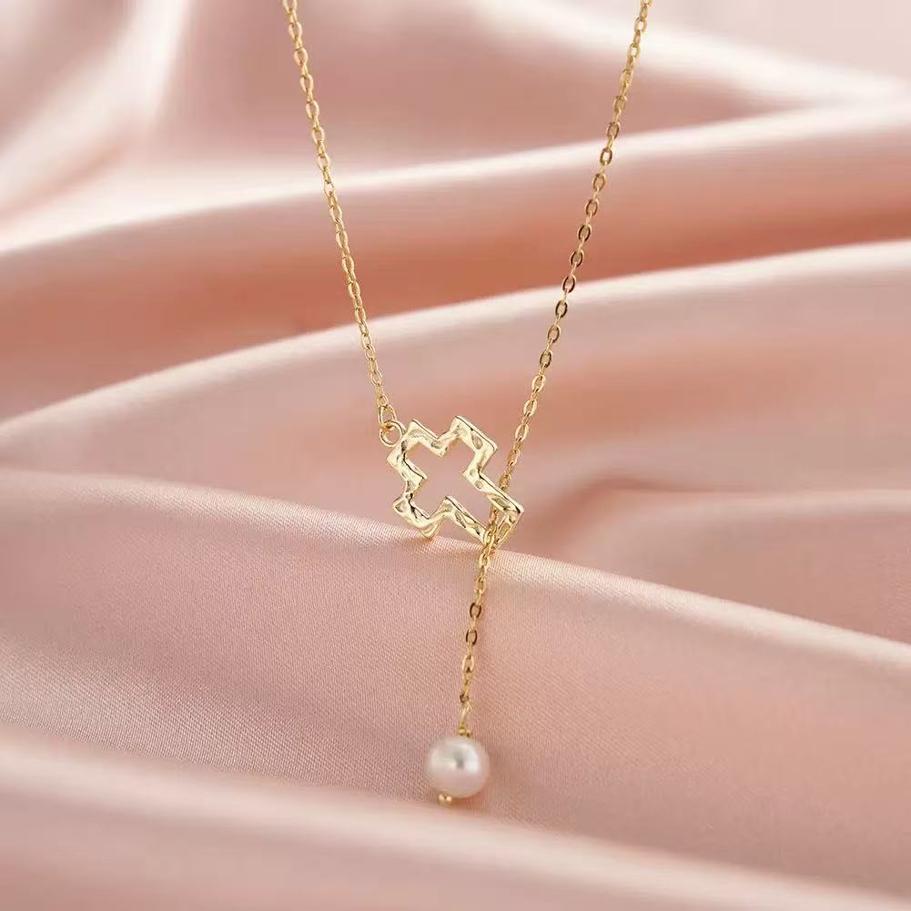 Open Cross Pearl Drop Necklace