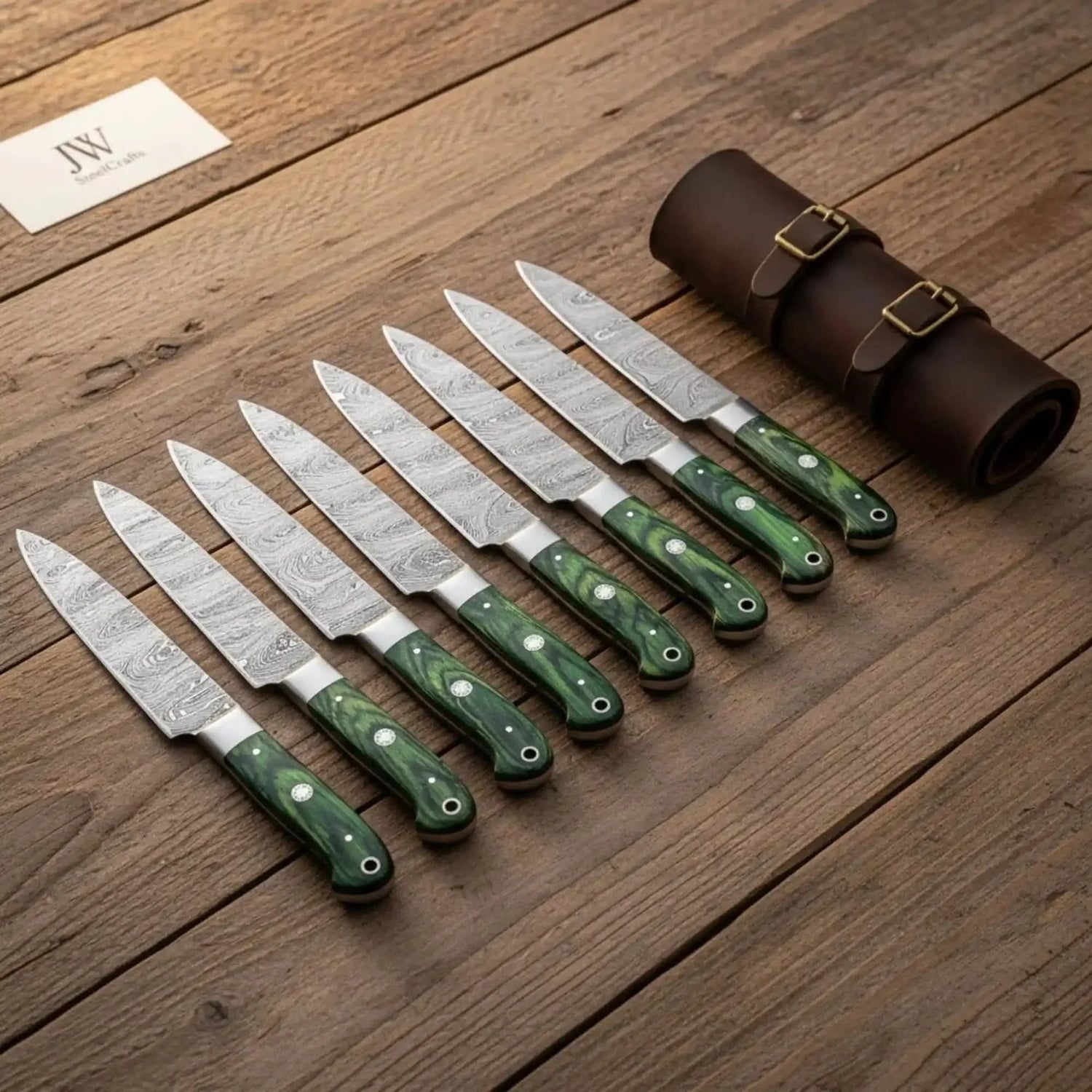 Damascus Steak Knife Set, Full Tang Serrated Knives, Green Pakka wood Handle, Precision Slicing