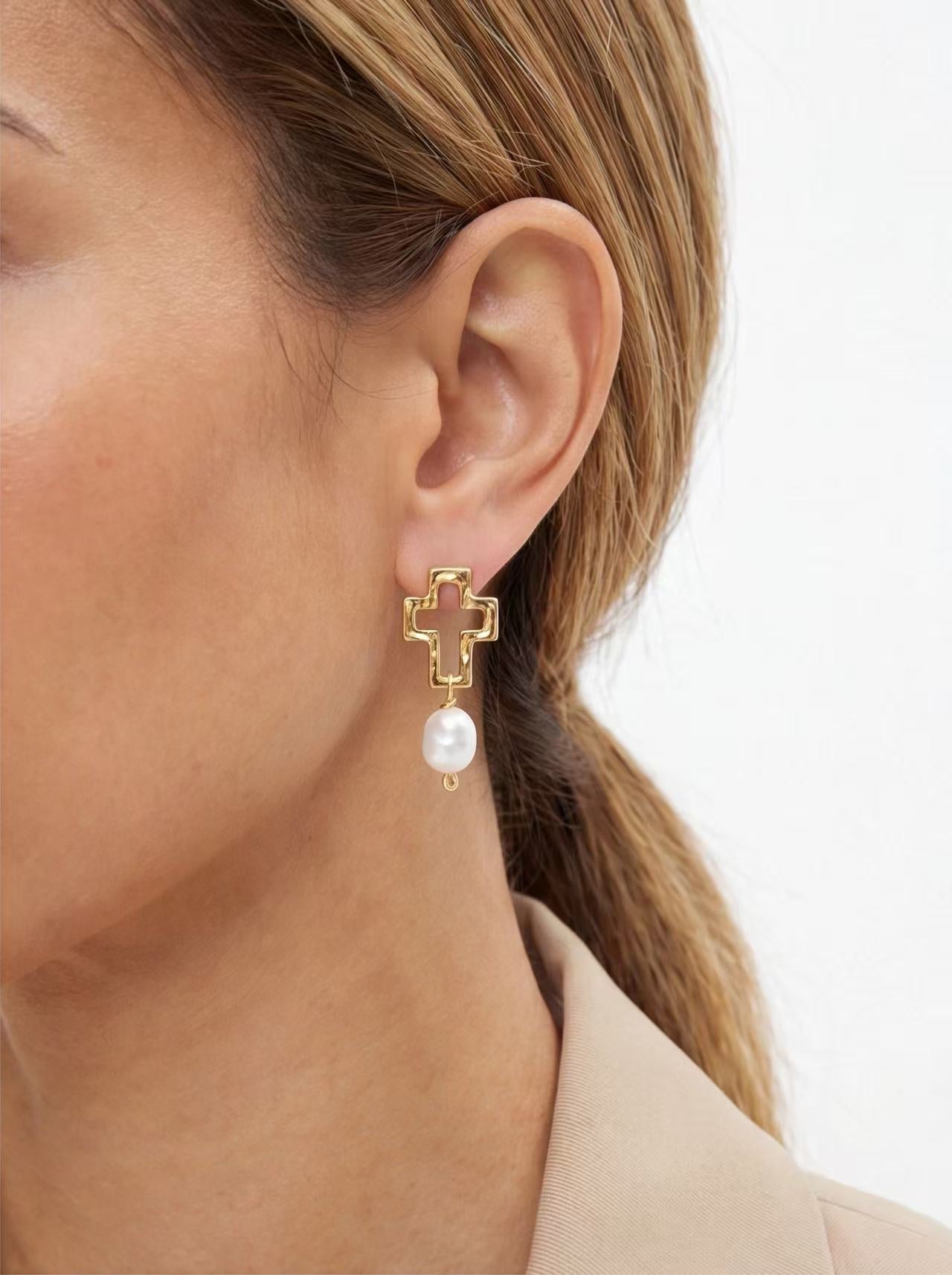 Sculpted Cross Pearl Earrings