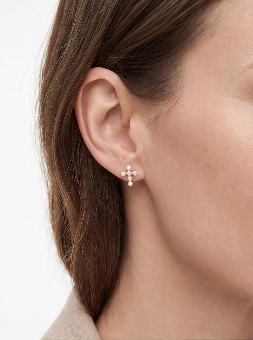 Beaded Pearl Cross Stud Earrings