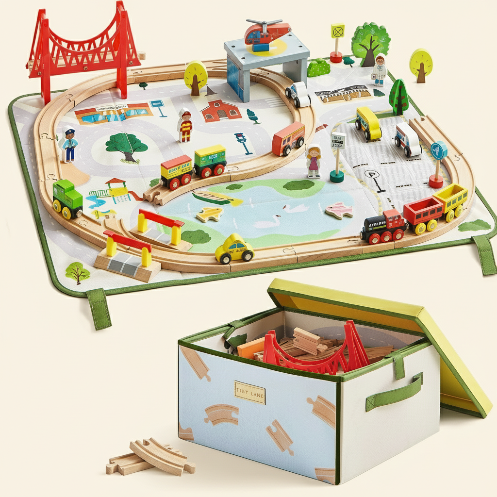 Tiny Land® 110-Piece Wooden Train Set with Folding Storage Box by Tiny Land INC