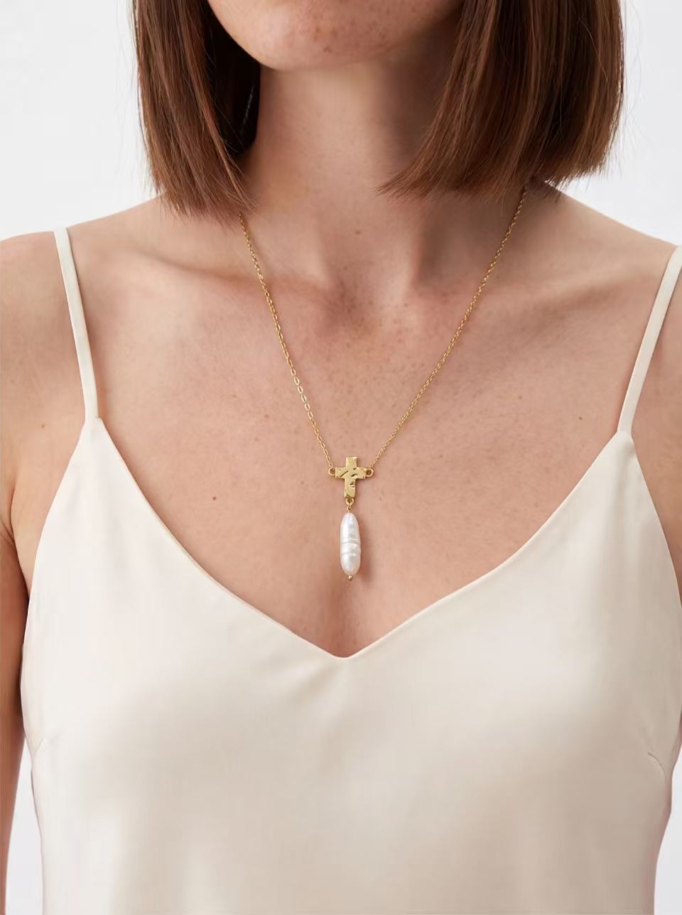 Cross Pearl Drop Necklace