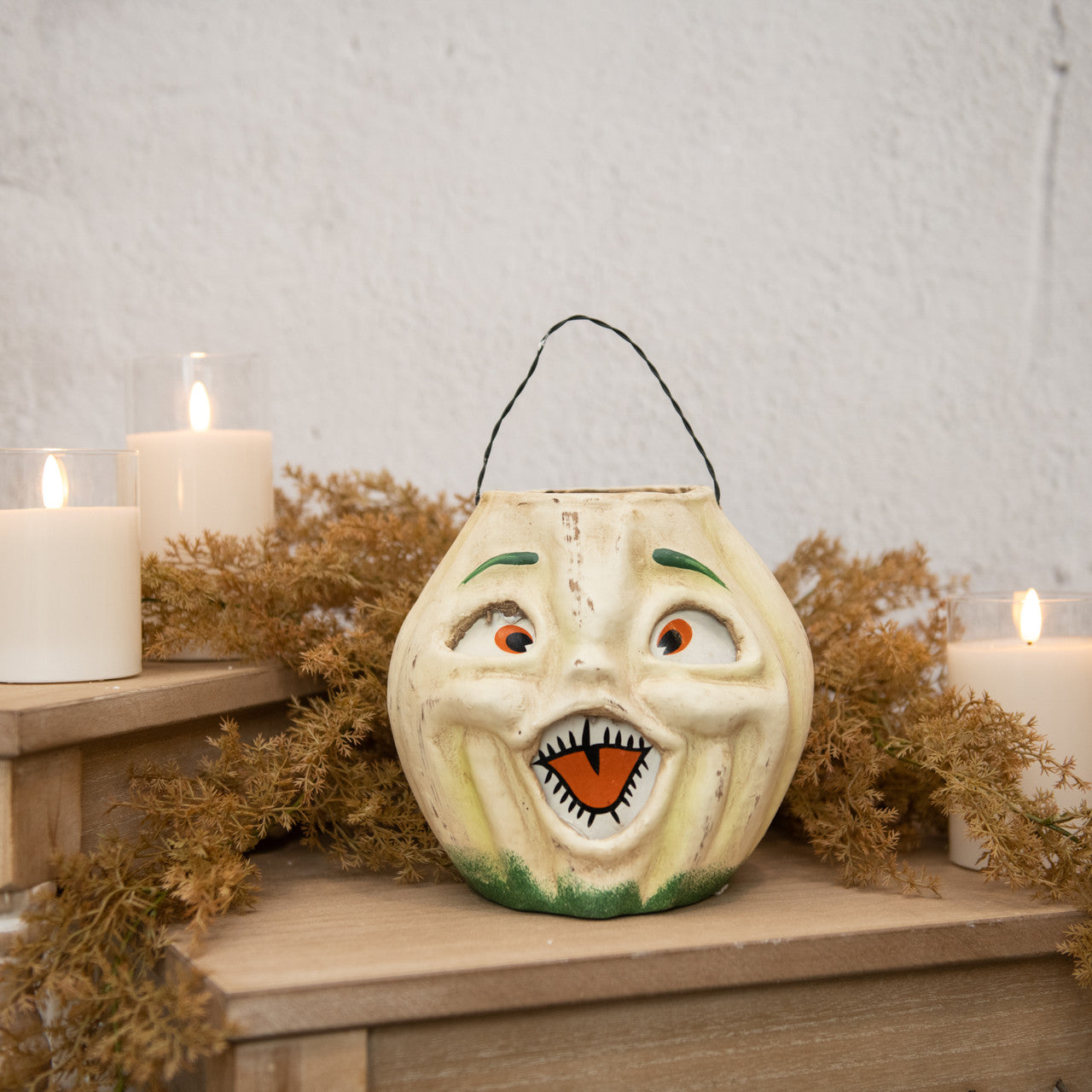Vintage-Inspired White Resin Mache Jack-O-Lantern Choir Boy Candy Bucket