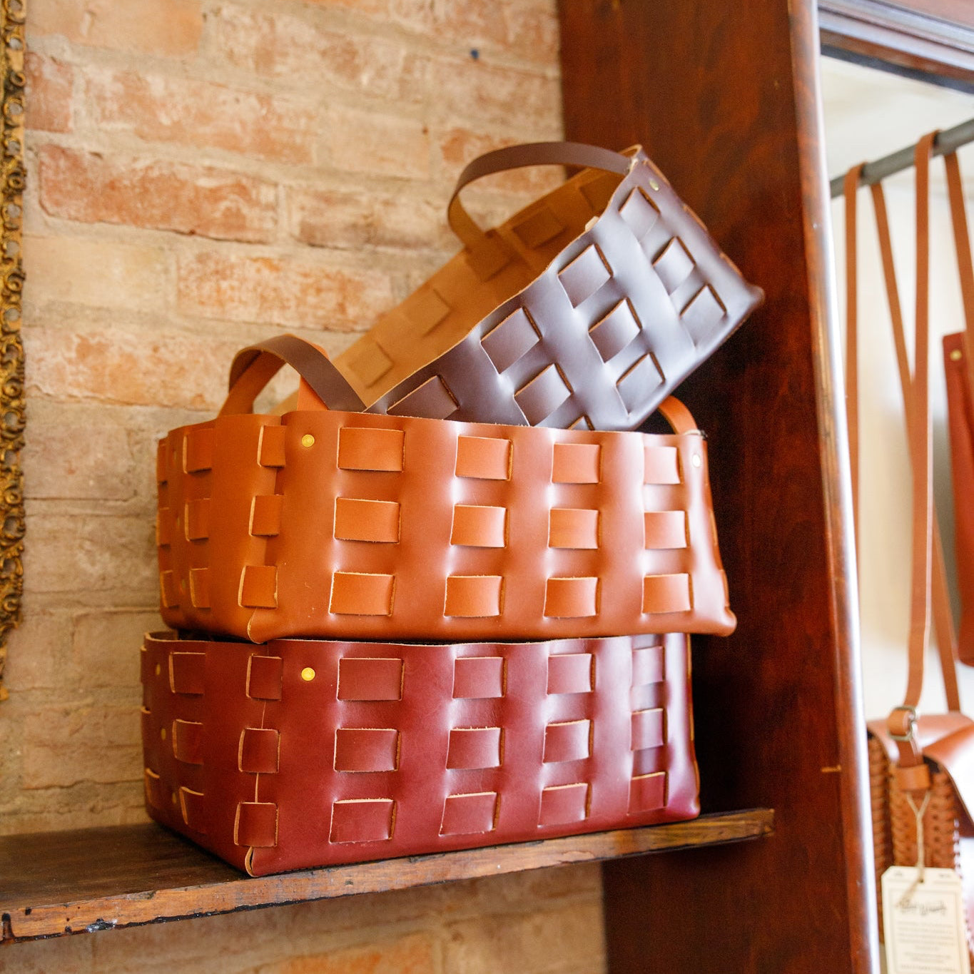 Large Leather Woven Basket - USA Made