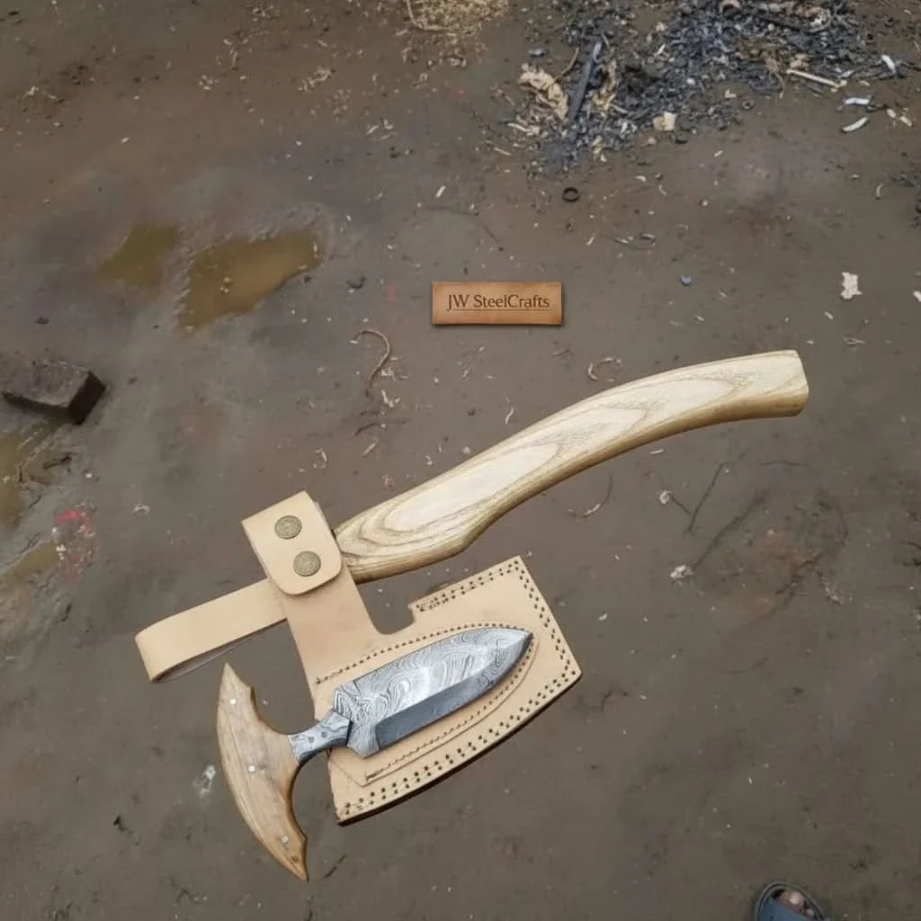 Handmade Damascus Steel Viking Axe and Matching Knife Set with Ash Wood Handle and Leather Sheath