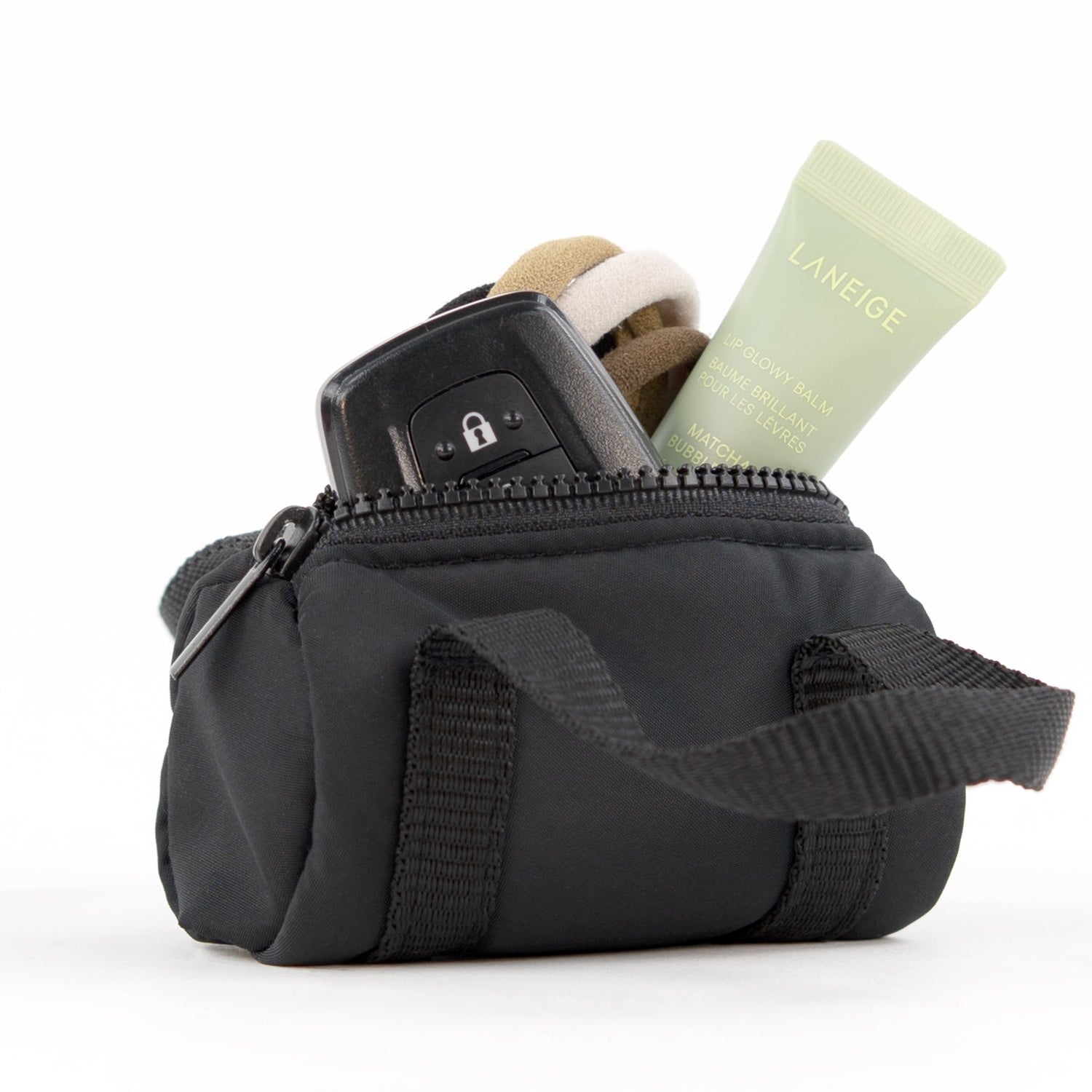 packlab Micro Nano Duffel Keychain - Black Mini Duffel Bag Coin Purse for Lip Balm, Earbuds & Everyday Essentials