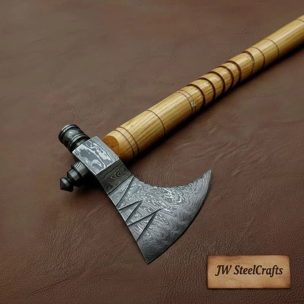 Damascus Pipe Axe 19 Inch Ash Wood Handle | Hand Forged Tomahawk Smoking Axe | JW SteelCrafts