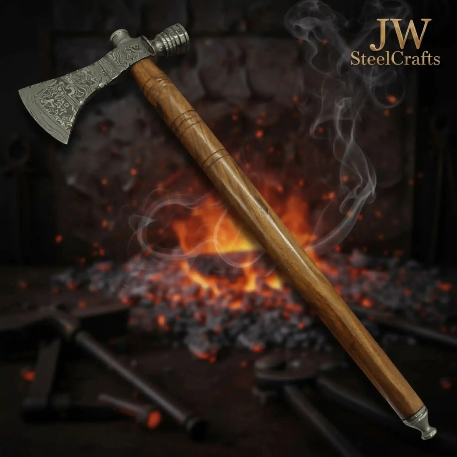 Damascus Smoking Axe Straight Handle 19 Inch
