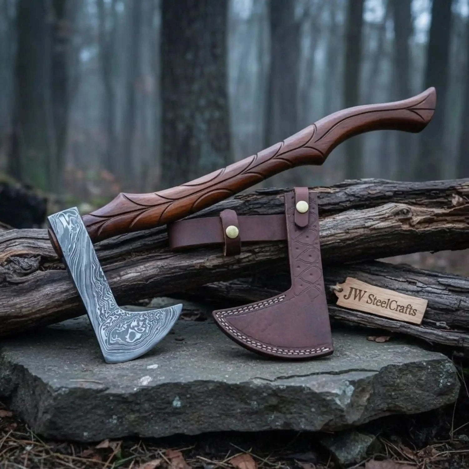 Custom Handmade Damascus steel Viking axe With Pure Leather sheath