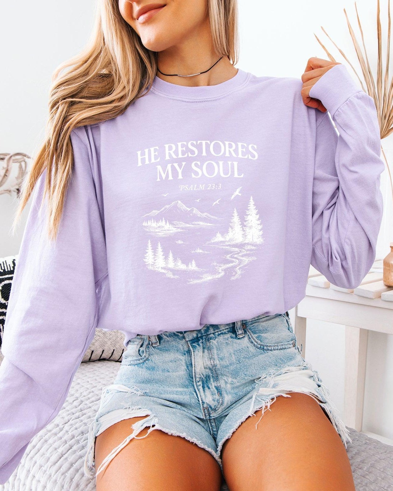 He Restores My Soul Psalm Christian Comfort Colors Long Sleeve Shirt