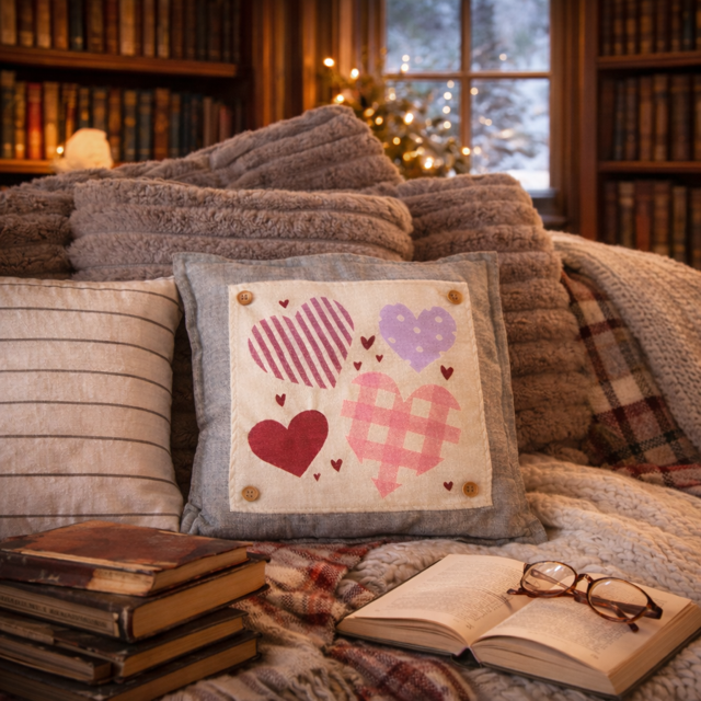 NEW! SQUARE BUNDLE SET: CHARCOAL PILLOW (comes with foam insert and these 3 panels in back pocket); Winter : LODGE, HEARTS, SPRING BOOT