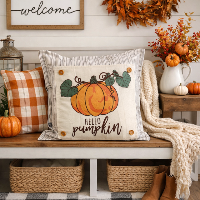 PANEL ONLY: SQUARE Fall Patch Autumn Thanksgiving Vine HELLO PUMPKIN