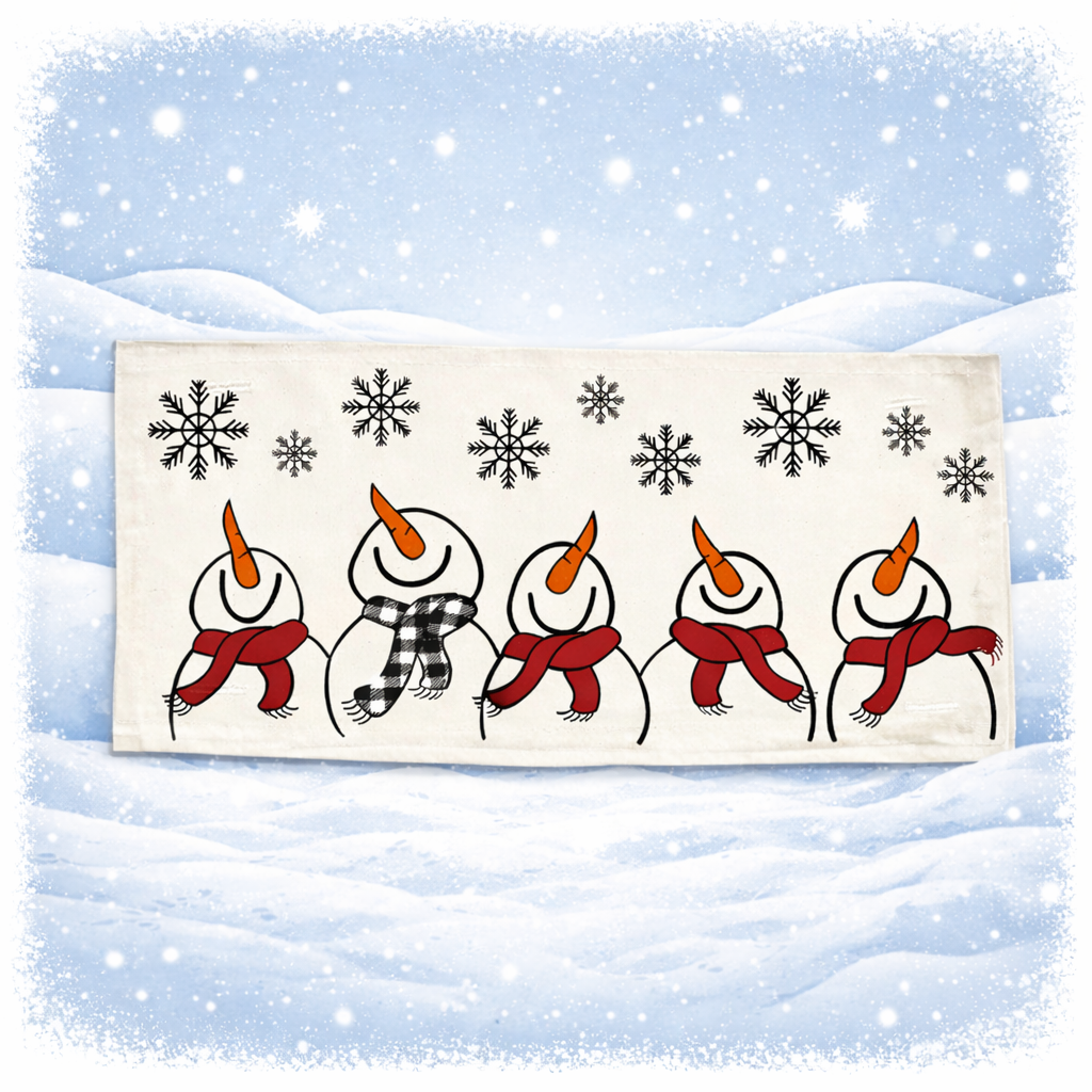 PANEL ONLY:
RECTANGLE Season Panel: Winter January Decor Snow Snowflake Christmas; Singing Chorus Caroling Scarf Dancing Happy SNOWMAN SCARVES