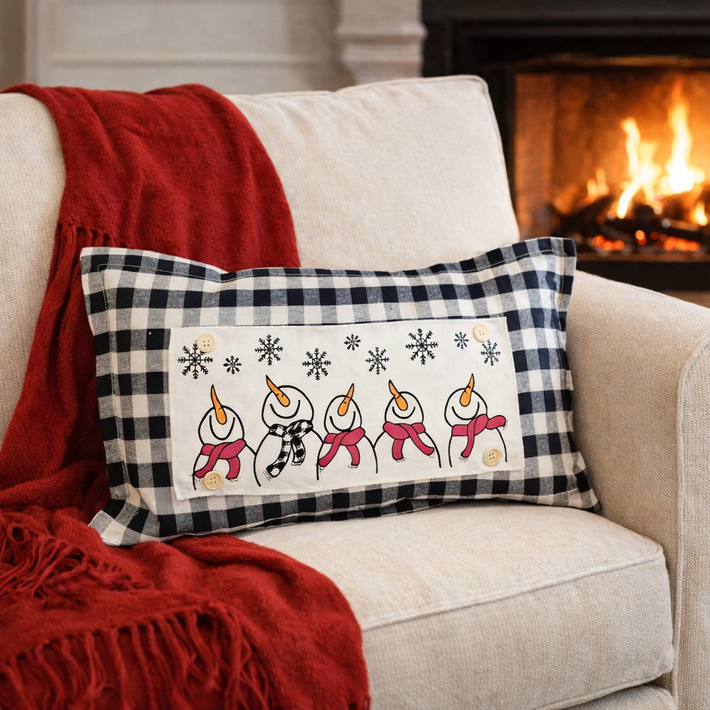 PANEL ONLY:
RECTANGLE Season Panel: Winter January Decor Snow Snowflake Christmas; Singing Chorus Caroling Scarf Dancing Happy SNOWMAN SCARVES