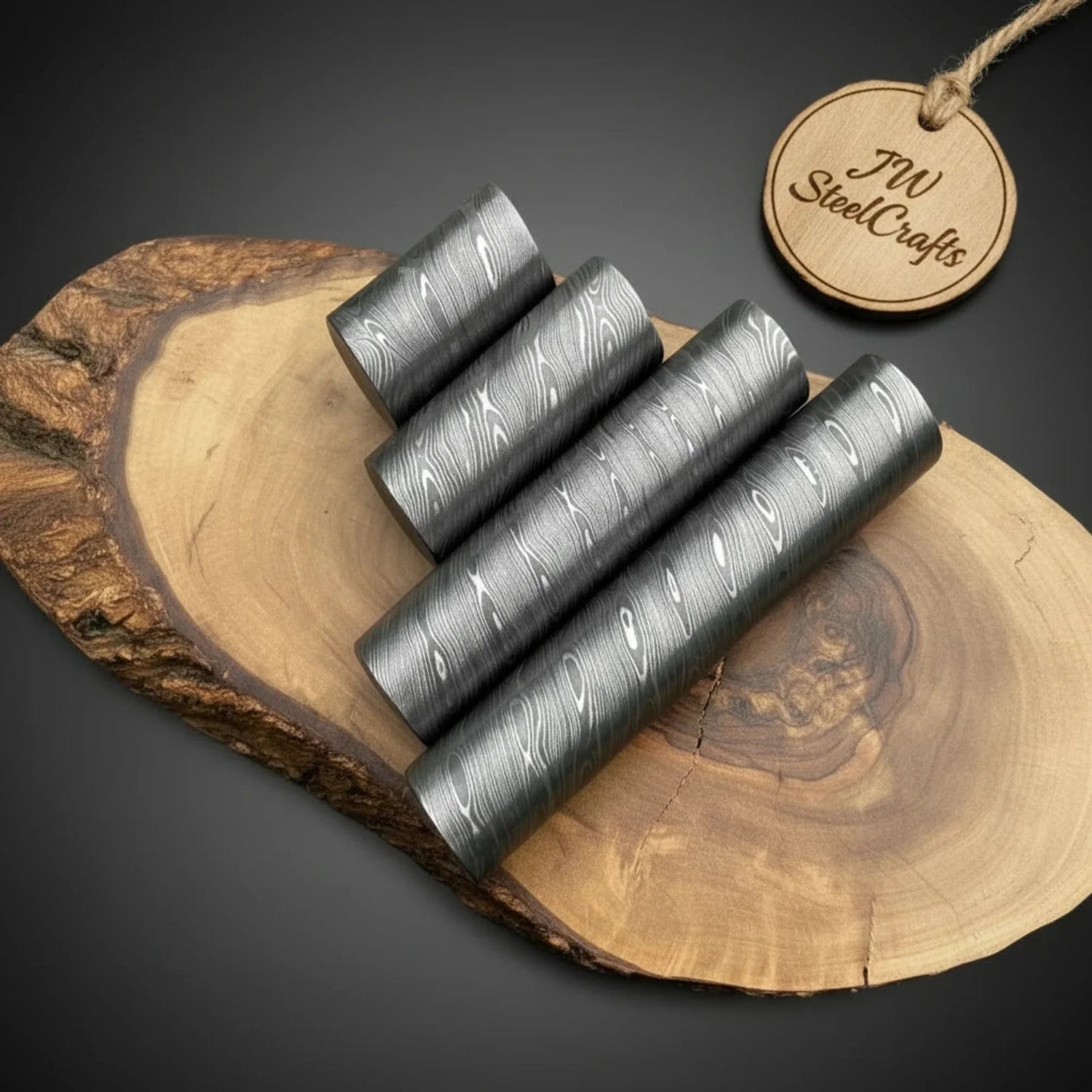 Damascus Steel Round Bar Billet Set of 2 Twist Pattern Knife Making Blank Bar Stock 3-6