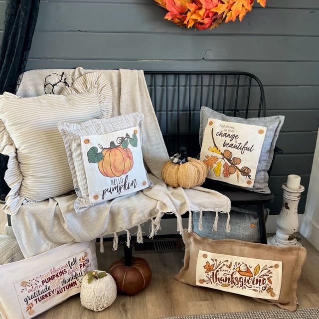NEW! BUNDLE SET: Buffalo Check Gingham Pillow (comes w/ foam insert & these 3 panels in back pocket) SMELL MY FEET, PUMPKIN PIE, CHRISTMAS TRUCK