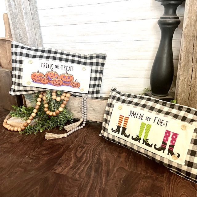 NEW! BUNDLE SET: Buffalo Check Gingham Pillow (comes w/ foam insert & these 3 panels in back pocket) SMELL MY FEET, PUMPKIN PIE, CHRISTMAS TRUCK