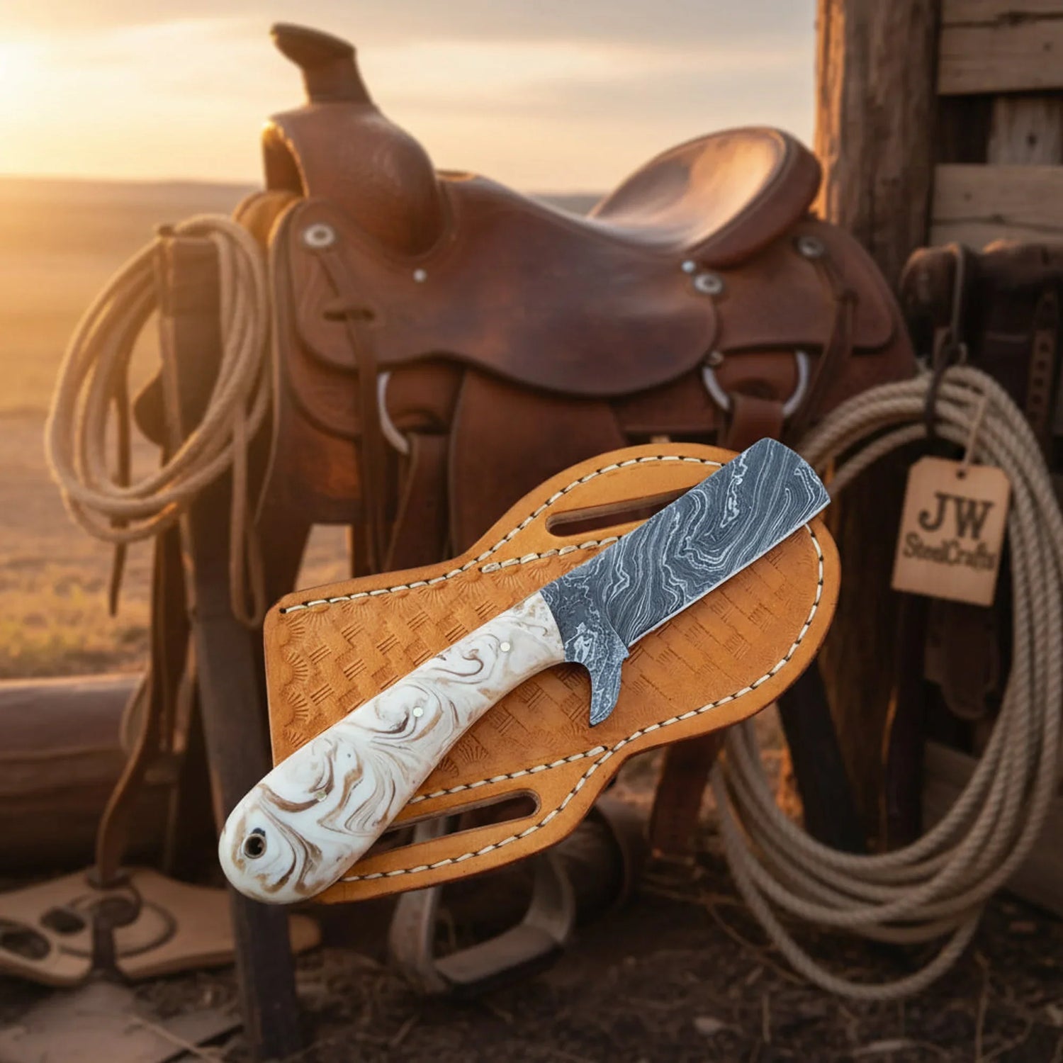 Damascus Skinner Knife with Resin Handle, 7
