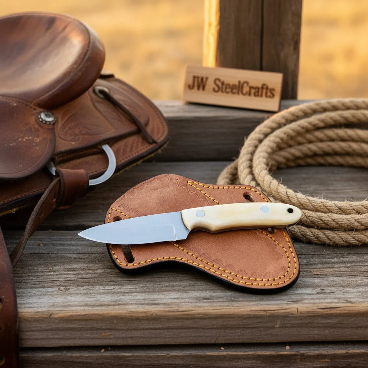 Cowboy EDC Skinner Knife Camel Bone Handle Full Tang Western Skinner Cross Draw Sheath 7