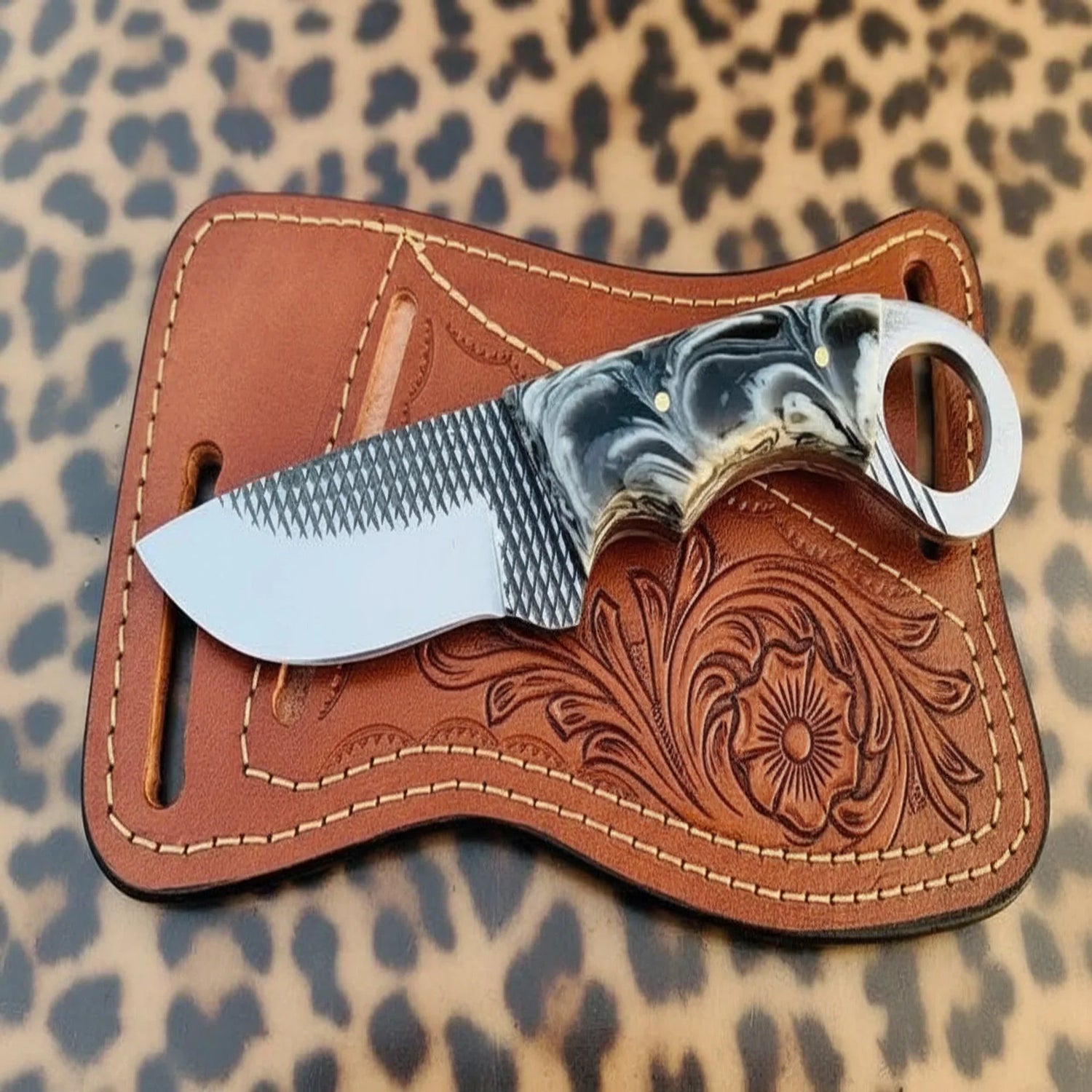 Rugged Cross Draw File Ring Knife Finger Ring Handle Western Hand Engraved Leather Sheath 5