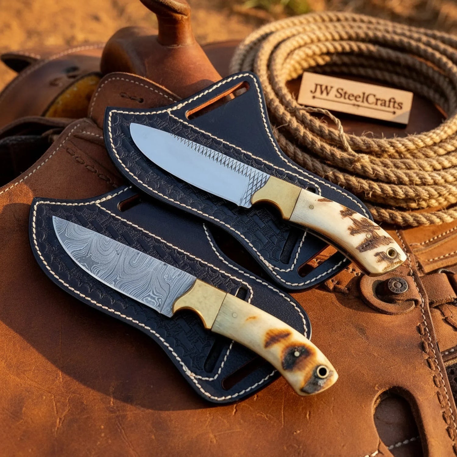 Saddleback Damascus Skinner Pair Knife 9