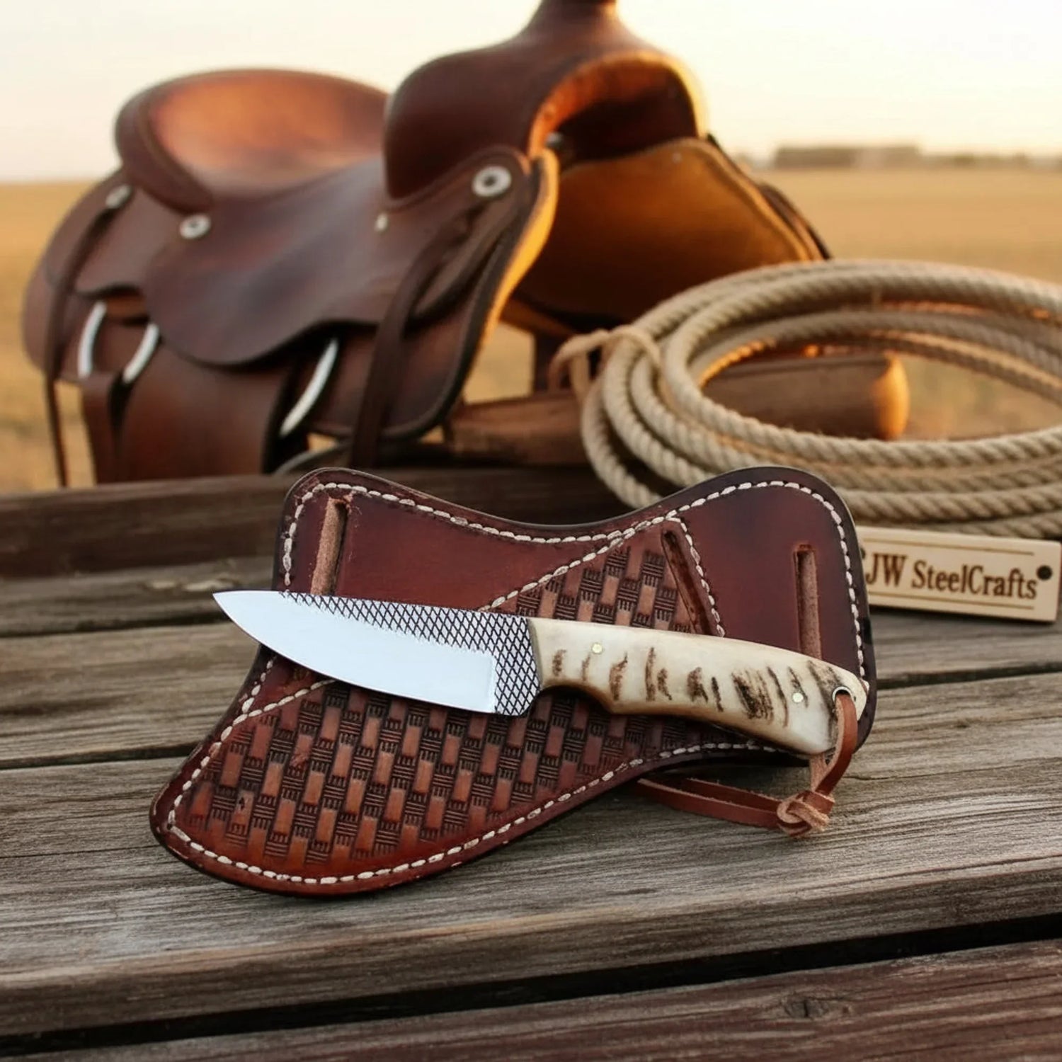 Farrier Rasp Cowboy Knife Full Tang Western Skinner Leather Cross Pouch 7