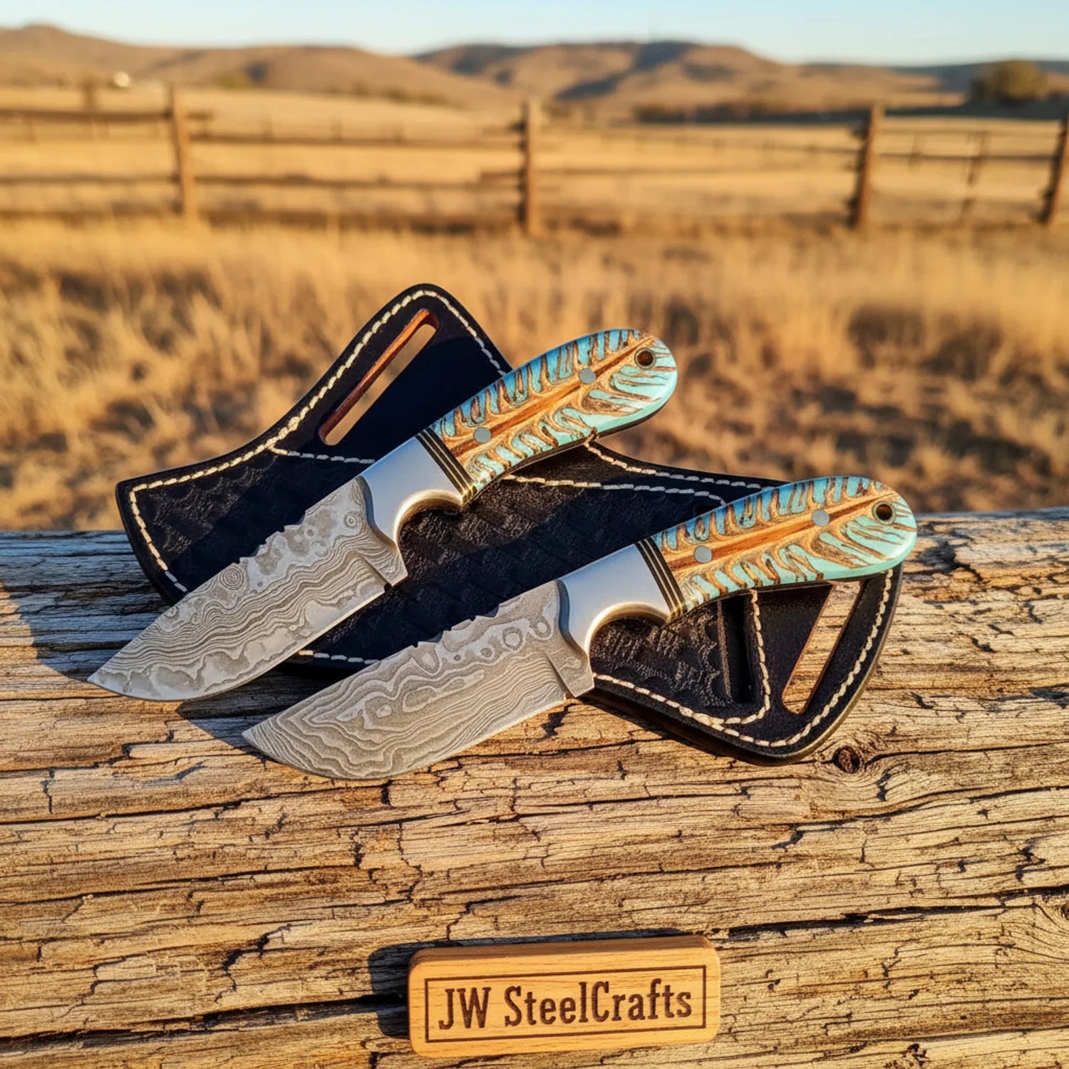 Wildfeather Ranch Knives Set of 2 Pinecone Handle Steel Bolster Full Tang Cross Draw Sheath 7