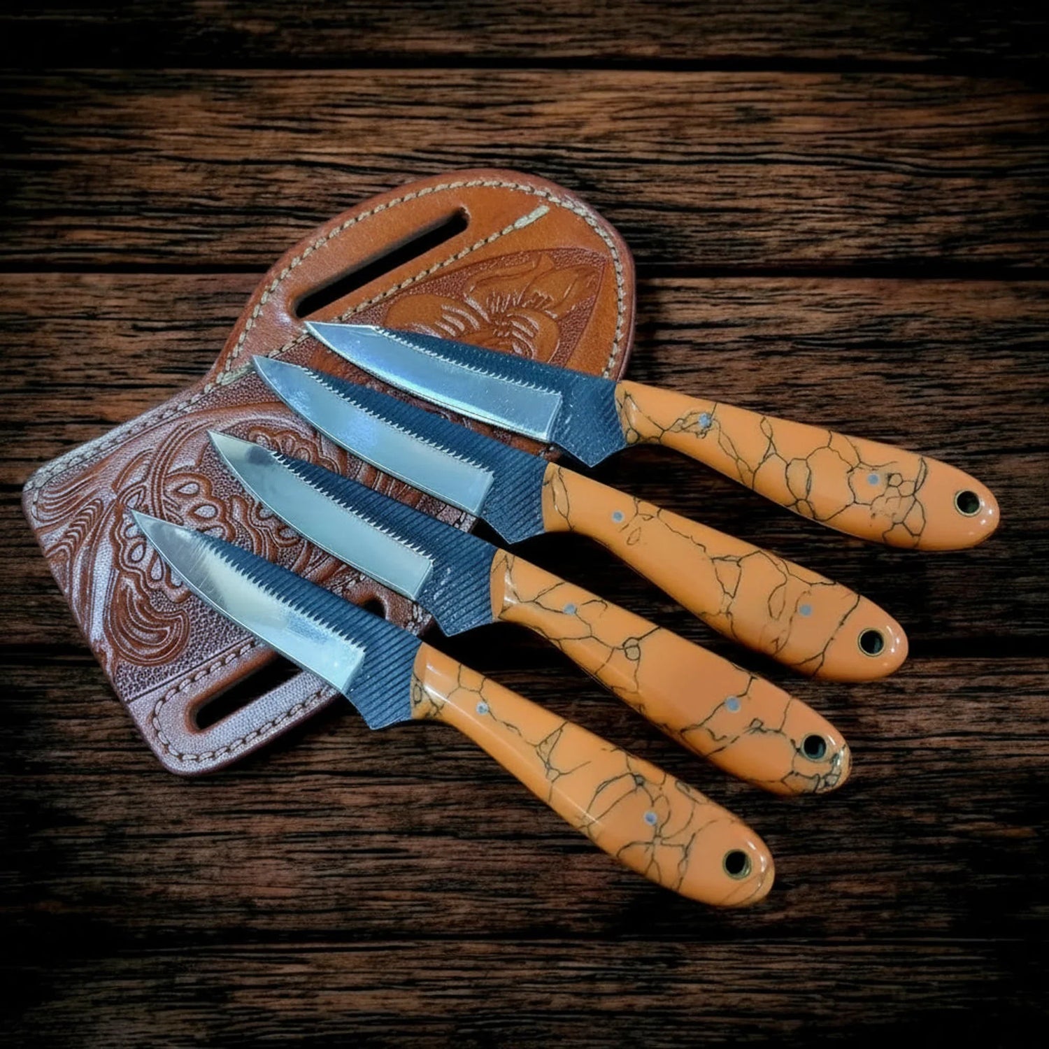 Handmade Carbon Steel Knife Set of 4, Orange Resin Handle, 7.5