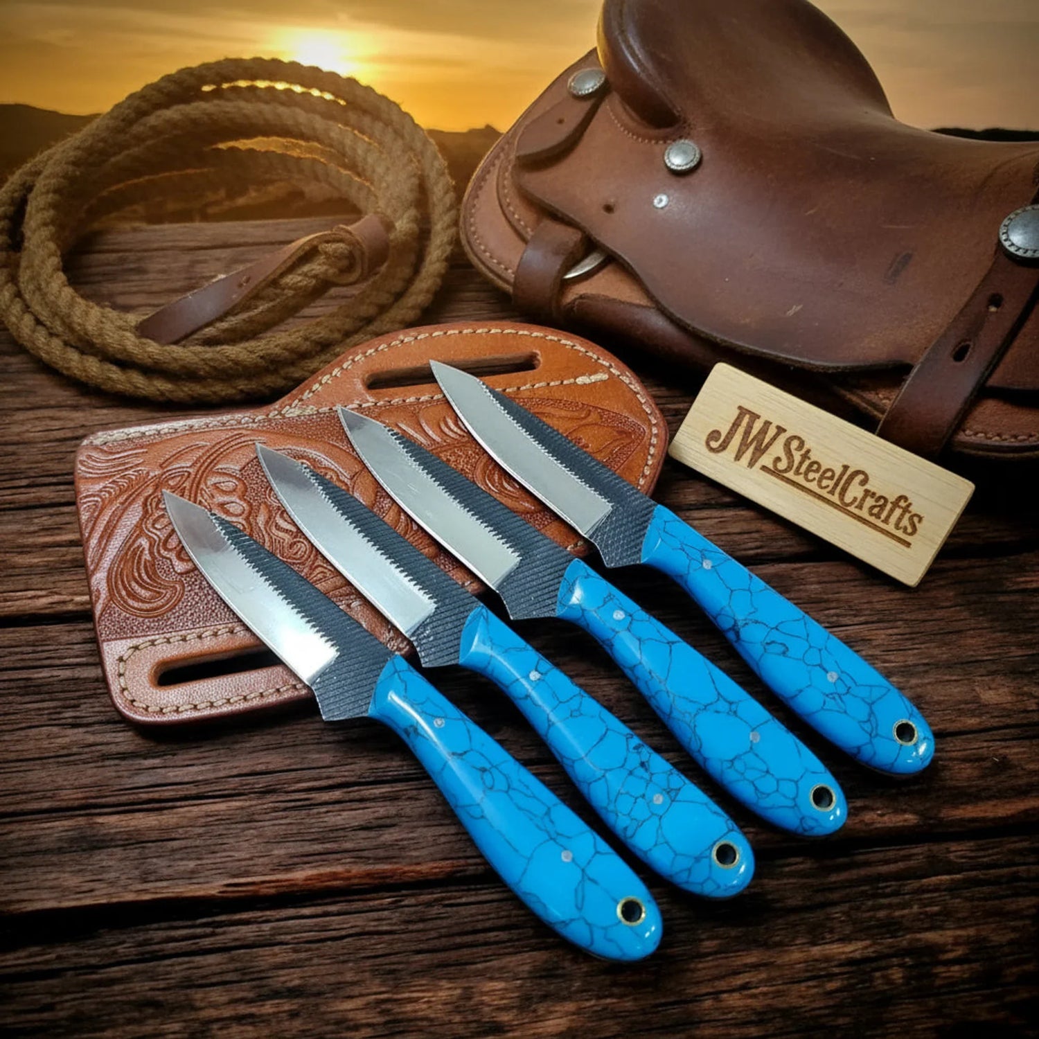 Two-Tone Turquoise EDC Skinner Set of 4, Turquoise Blue Resin Handle, Leather 7
