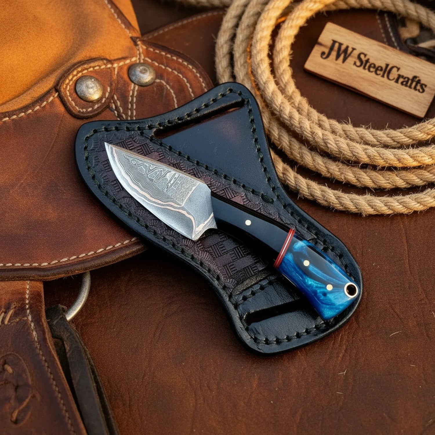 Handmade Copper Damascus Knife, Epoxy Resin Handle, 6
