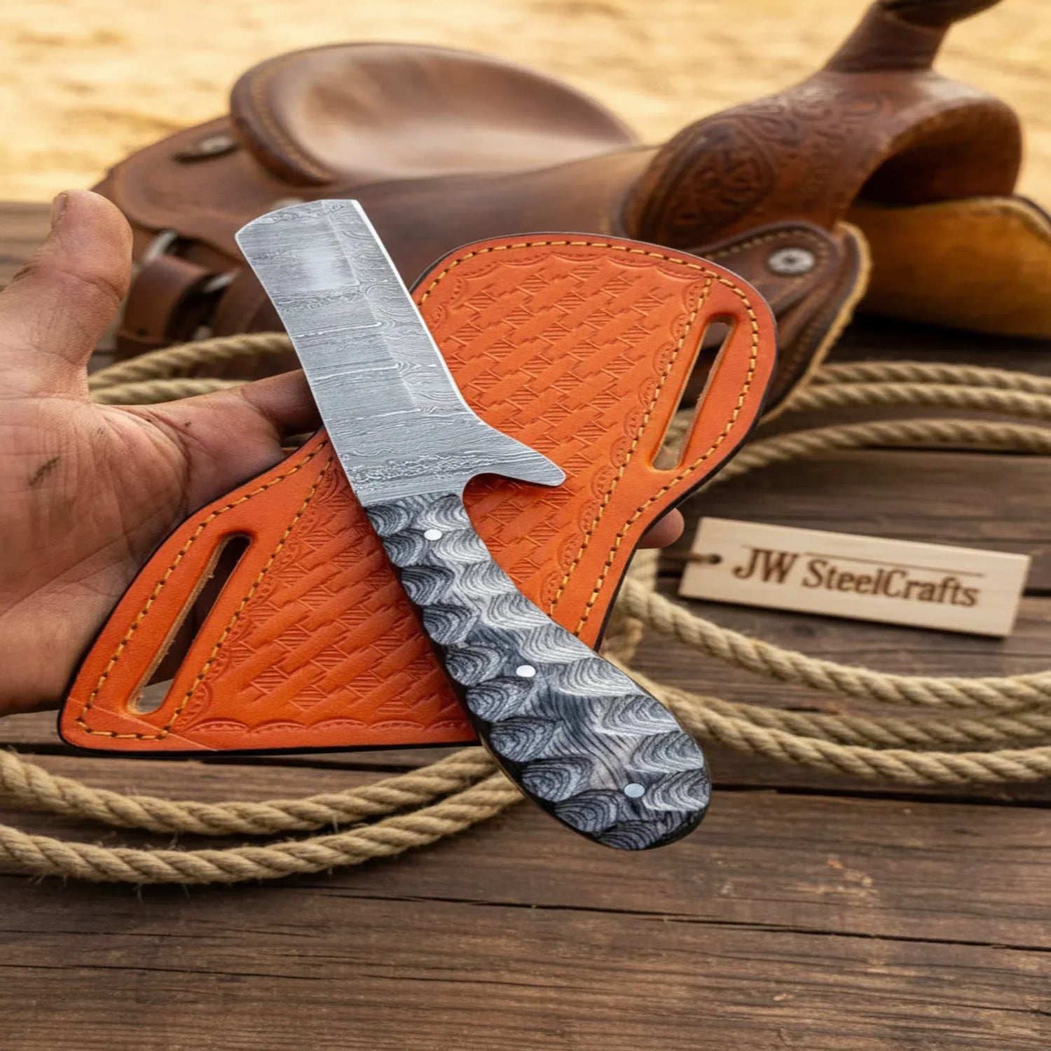 Damascus Straight Edge Cowboy Cleaver Knife 7