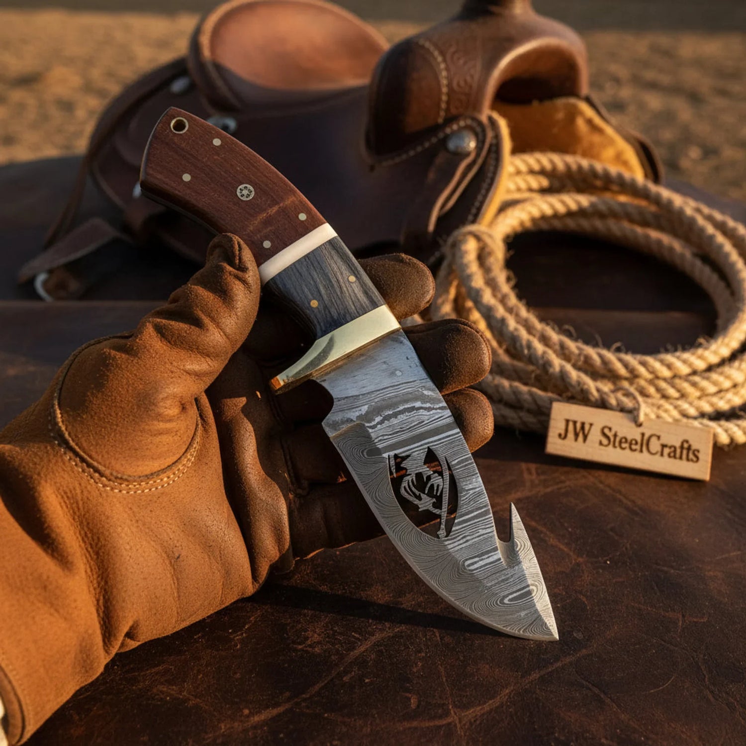 Handmade Damascus Steel Gut Hook Hunting Knife 8