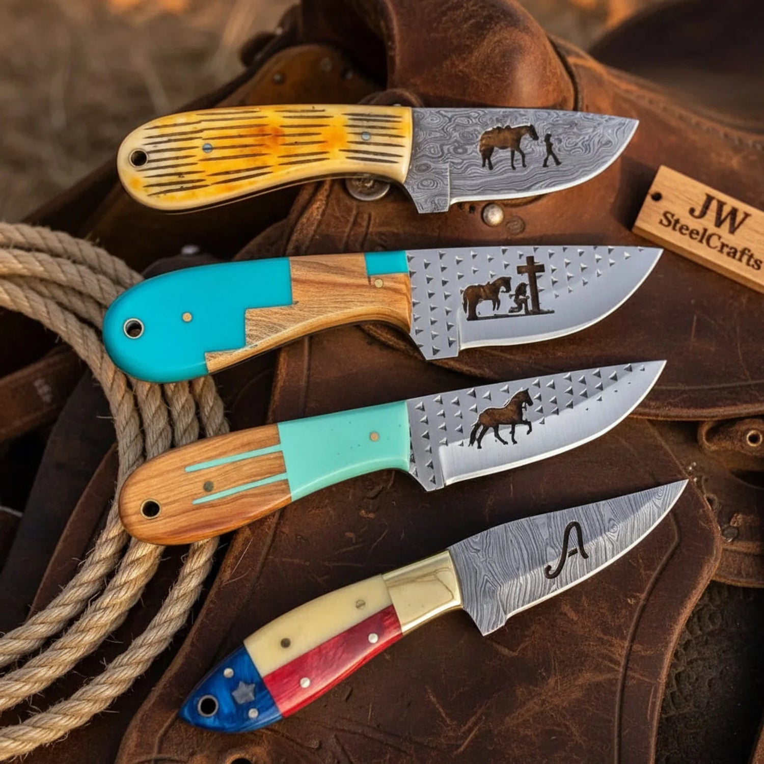 Handmade Engraved Cowboy Knife Set of 4, Resin & Bone Handle, 7