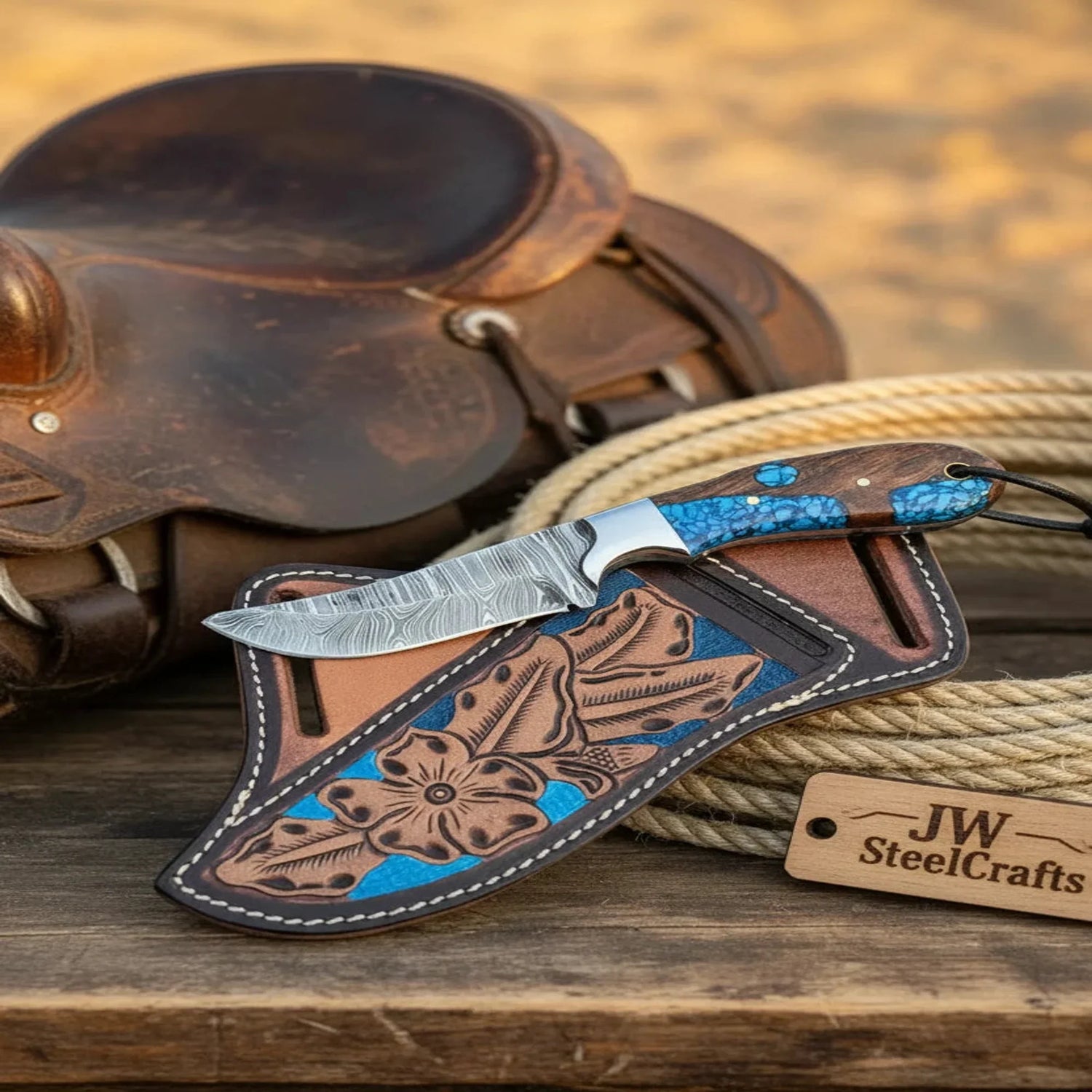 Damascus Turquoise Skinner Knife Rosewood Blue Resin Handle Hand Engraved Sheath 7