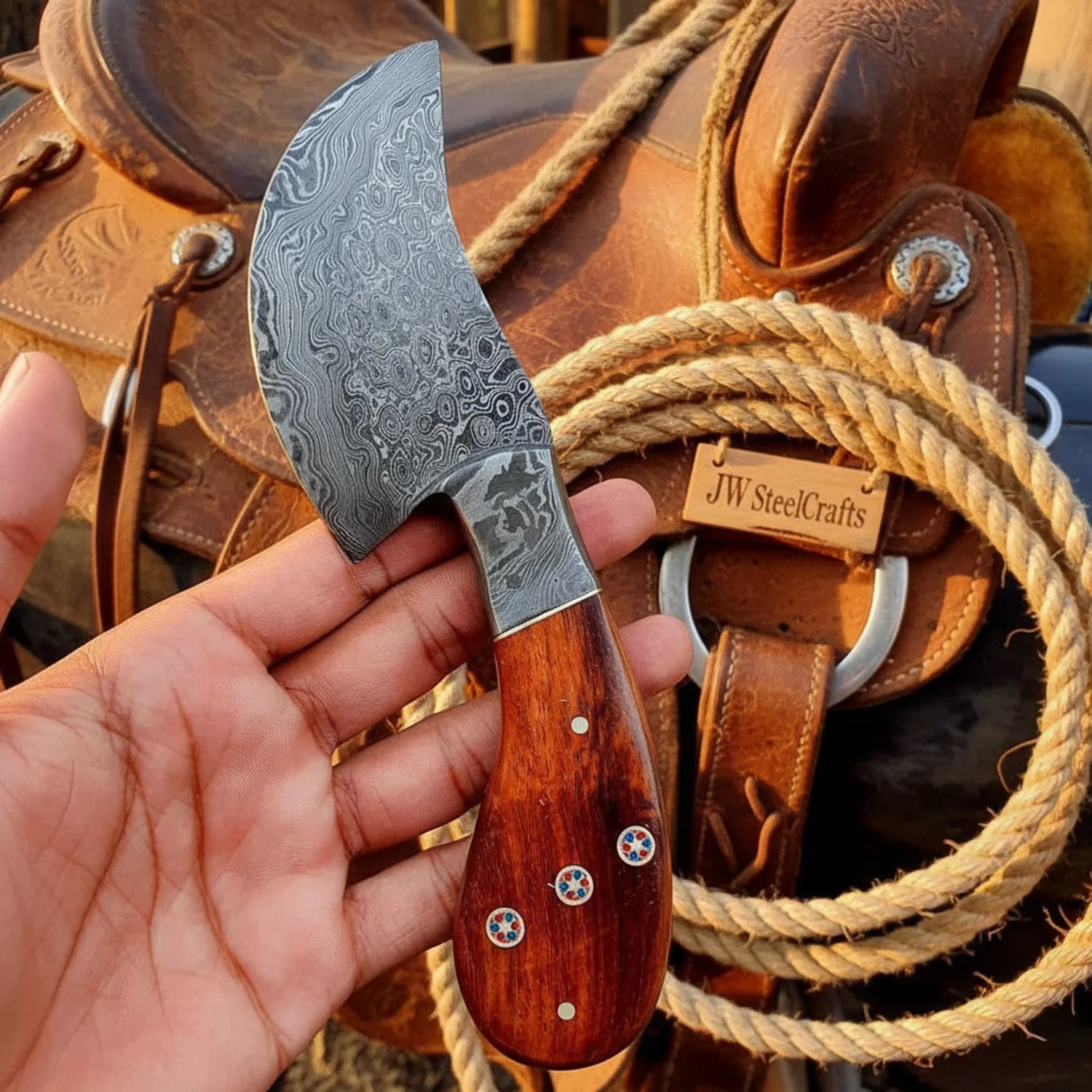 Hand Forged Damascus Skinner knife Cleaver Blade Rosewood Handle Full Tang Western 7